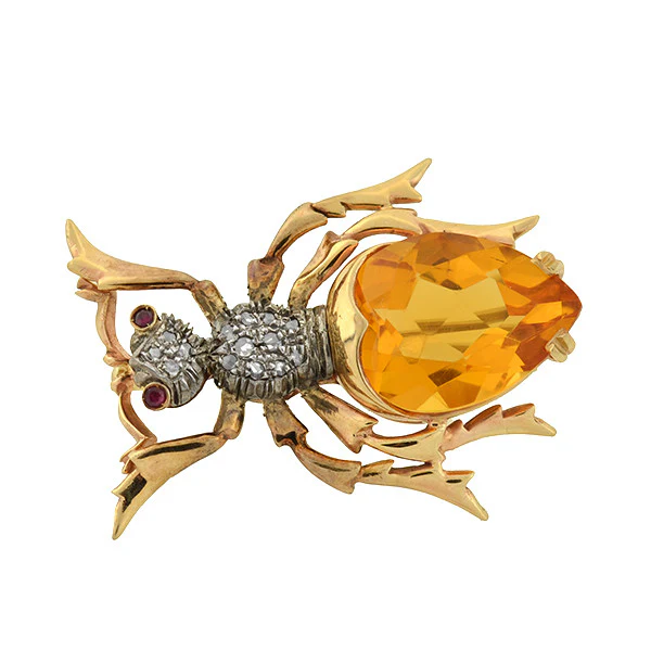 Retro Large 14kt Citrine Diamond & Ruby Bug Pin - Image 3