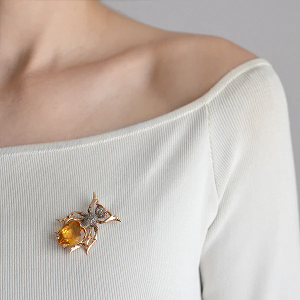 Retro Large 14kt Citrine Diamond & Ruby Bug Pin - Image 6
