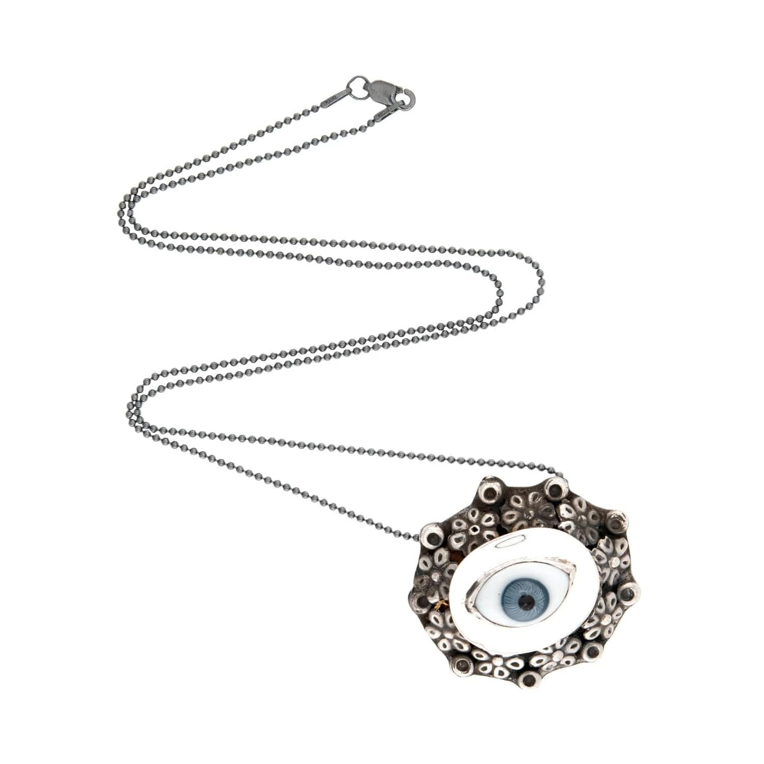 Retro Mexican Sterling Silver and Porcelain Evil Eye Pendant Necklace - Image 2