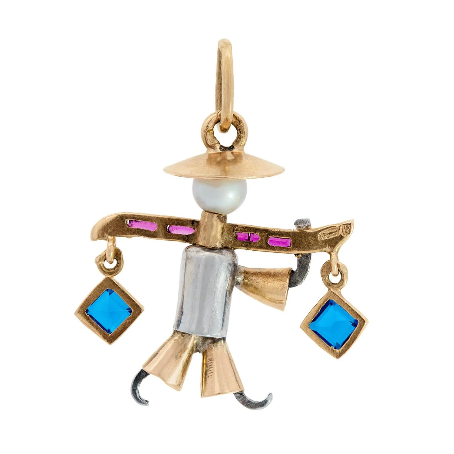 Retro Portuguese 19k Pearl Ruby and Sapphire Farmer Man Pendant - Image 3