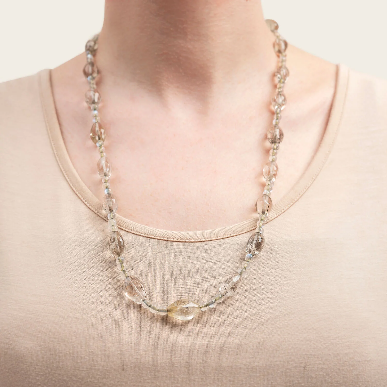 Retro Rainbow Moonstone Bead + Rutilated/Tourmalated Quartz Necklace with 14kt Clasp - Image 5