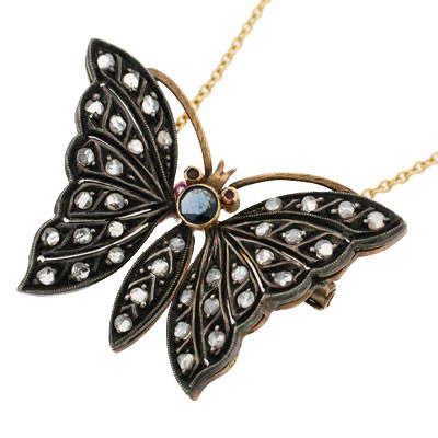 Victorian Sterling Silver & 14k Diamond Butterfly Pendant - Image 3