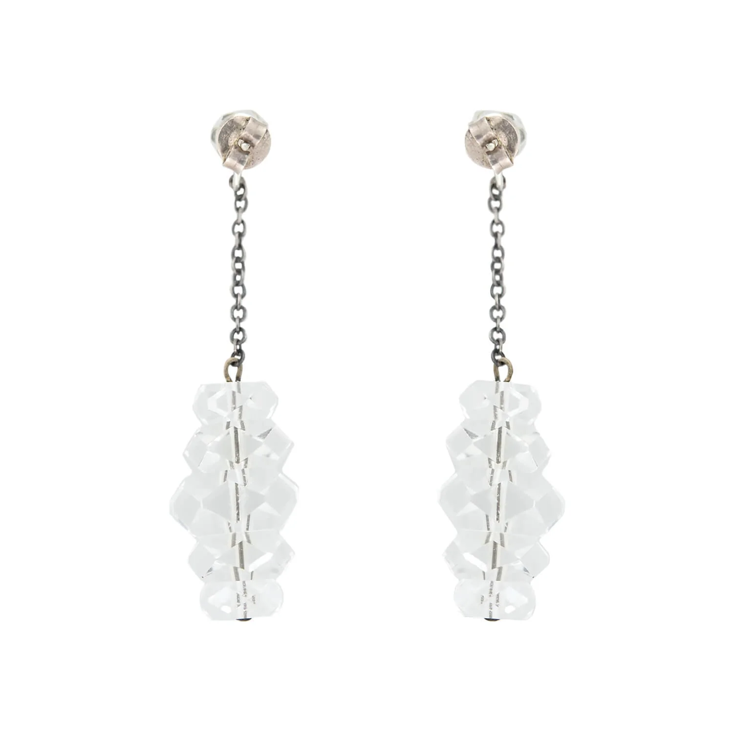 Retro Sterling + Rock Quartz Crystal Rondelle Dangle Earrings - Image 3