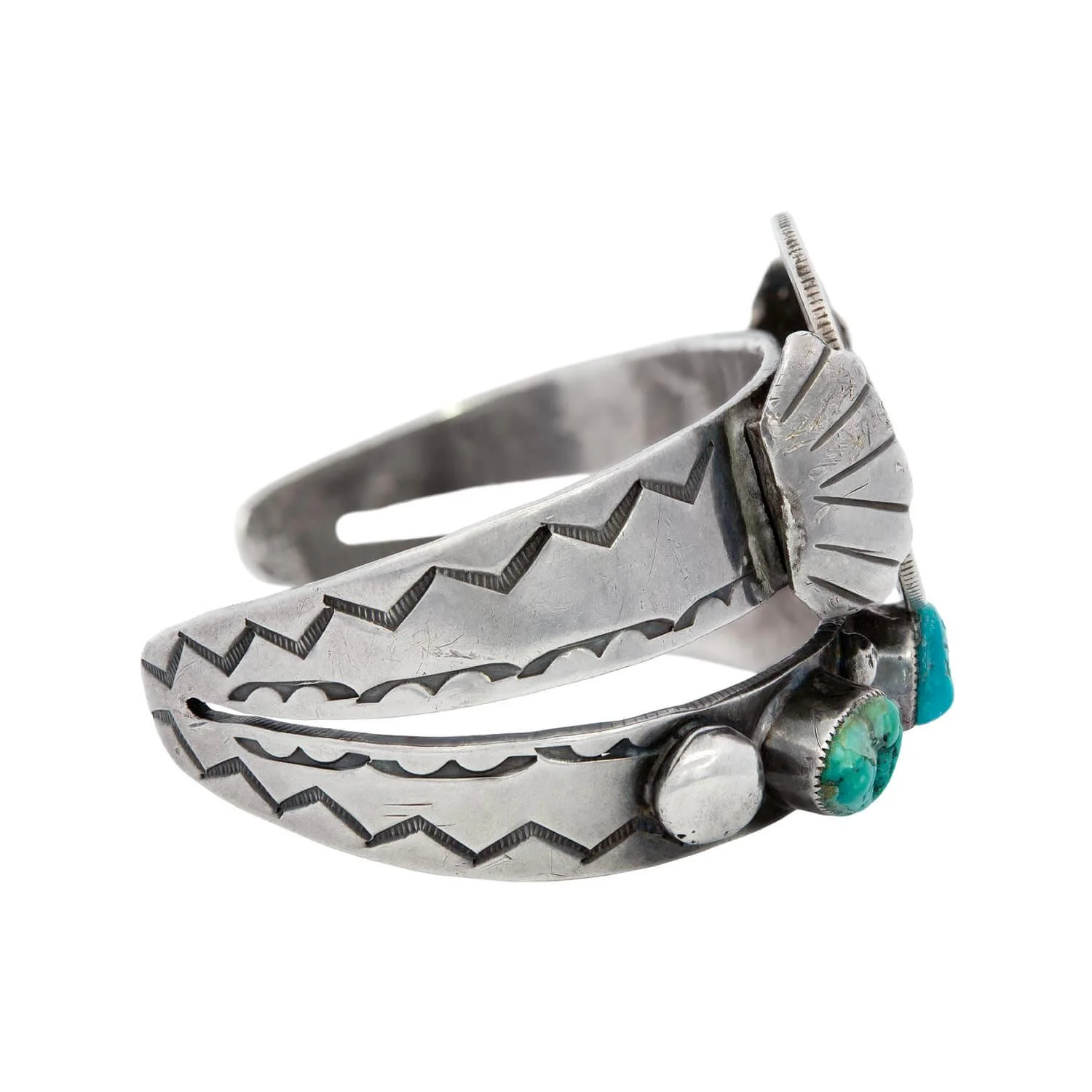 Retro Sterling Silver and Turquoise Half Dollar Cuff - Image 2
