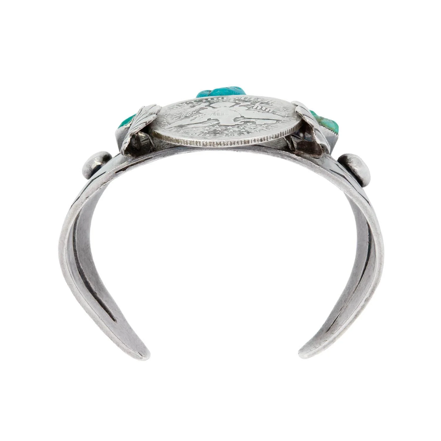 Retro Sterling Silver and Turquoise Half Dollar Cuff - Image 3