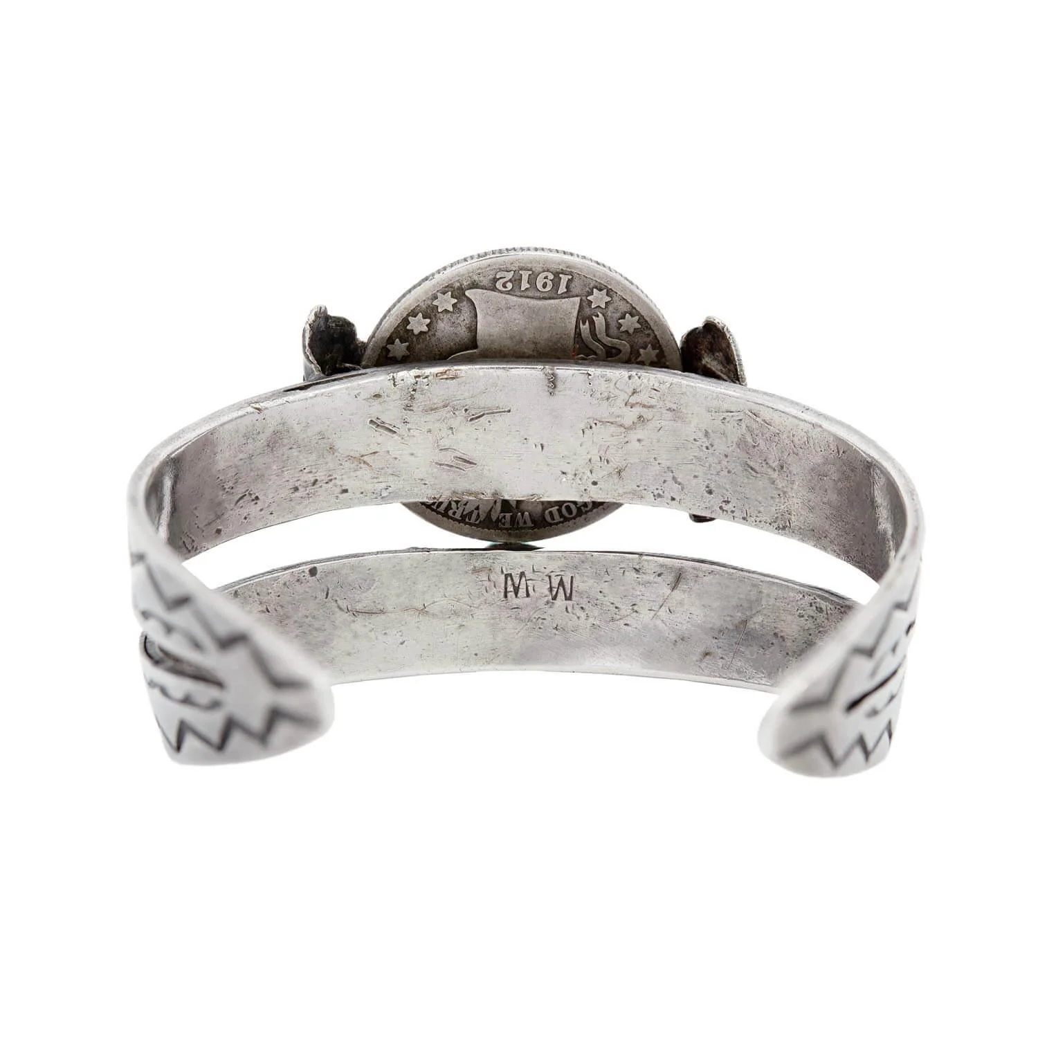 Retro Sterling Silver and Turquoise Half Dollar Cuff - Image 4
