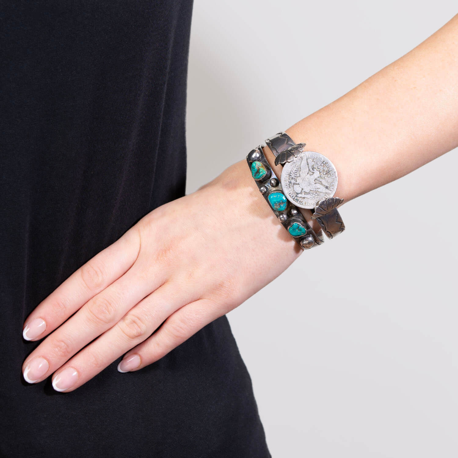 Retro Sterling Silver and Turquoise Half Dollar Cuff - Image 6