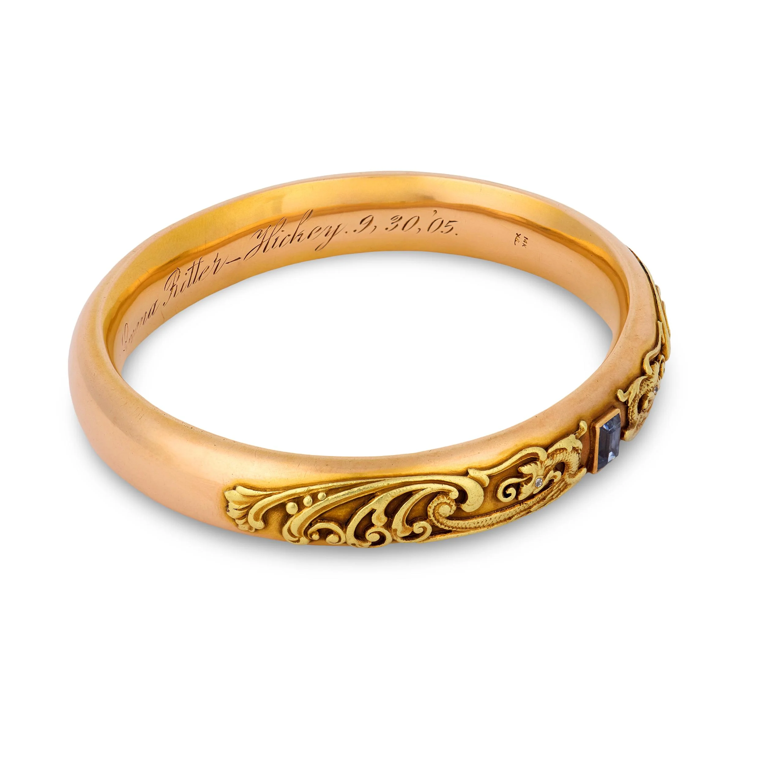 RIKER BROS. Art Nouveau 14k Diamond & Aqua Dragon-Motif Bangle - Image 2