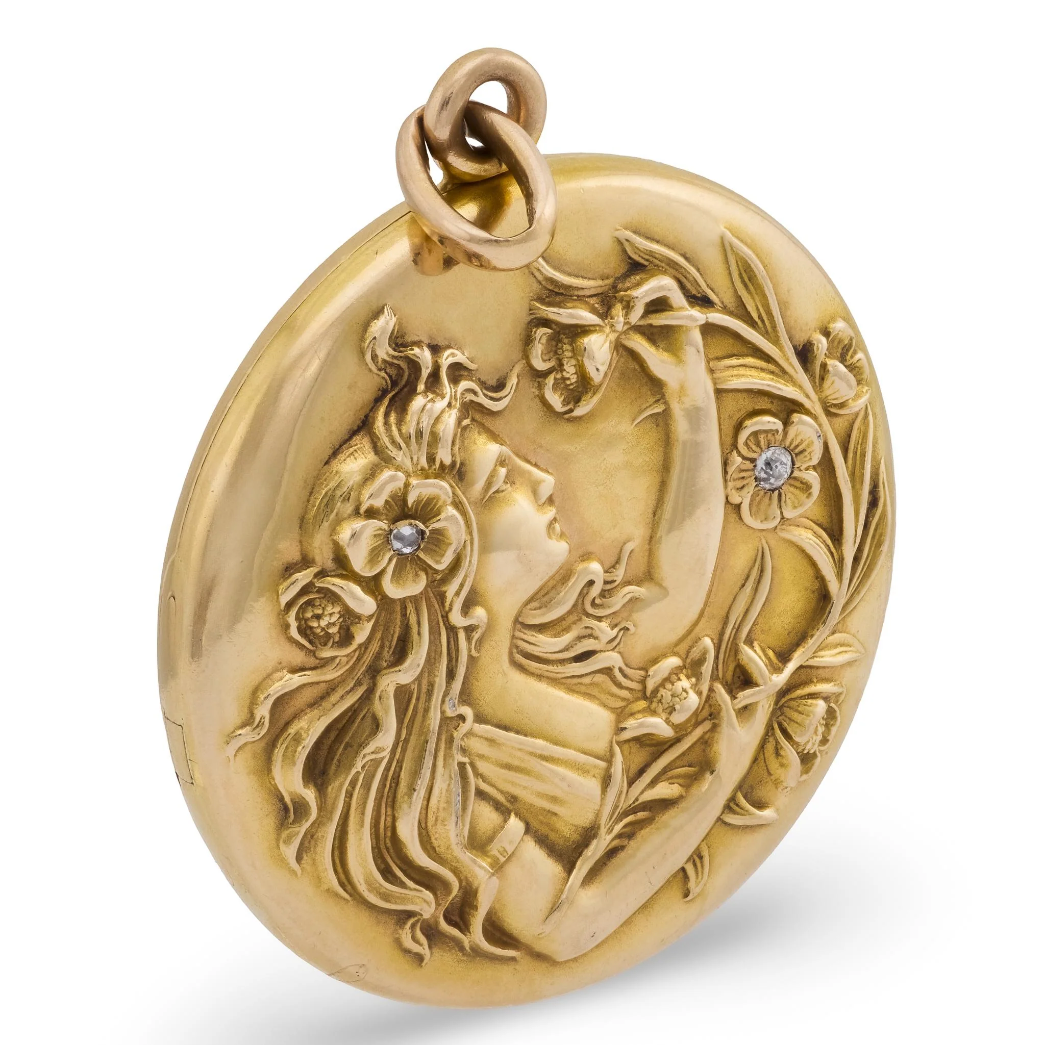 RIKER BROS Art Nouveau 14k Diamond & Enamel Repousse Locket - Image 2