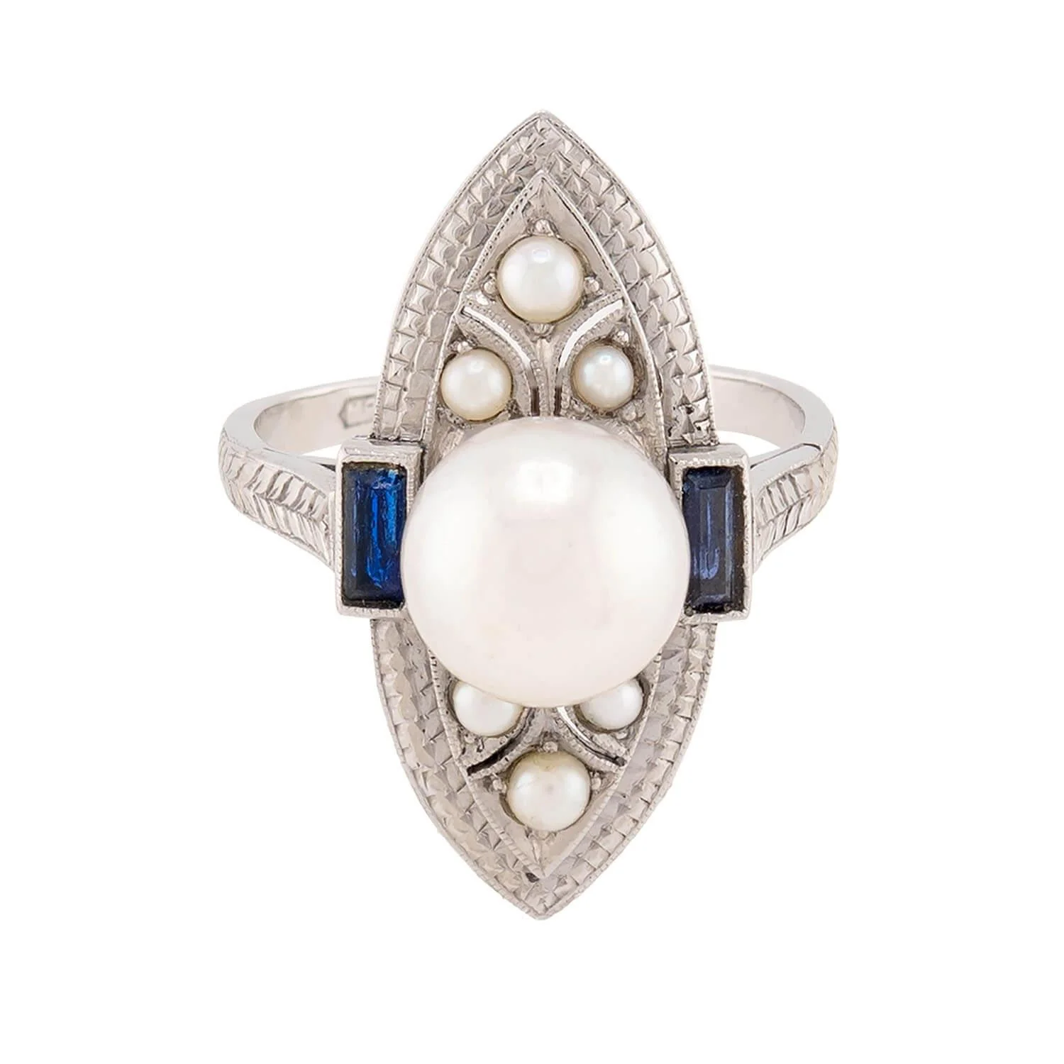 SCHNELWAR & SONS, J Art Deco 18k Pearl and Sapphire Navette Ring - Image 2