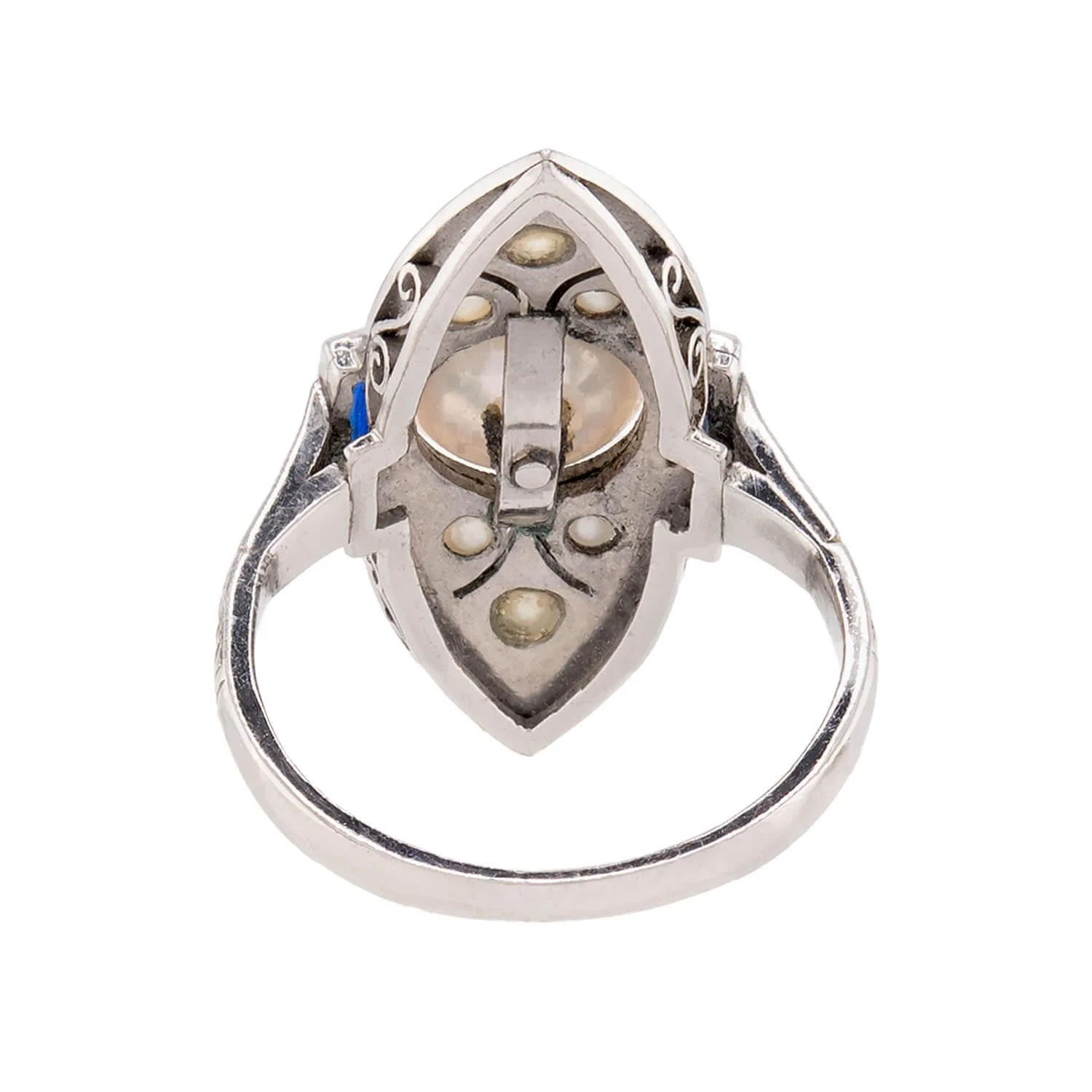 SCHNELWAR & SONS, J Art Deco 18k Pearl and Sapphire Navette Ring - Image 5
