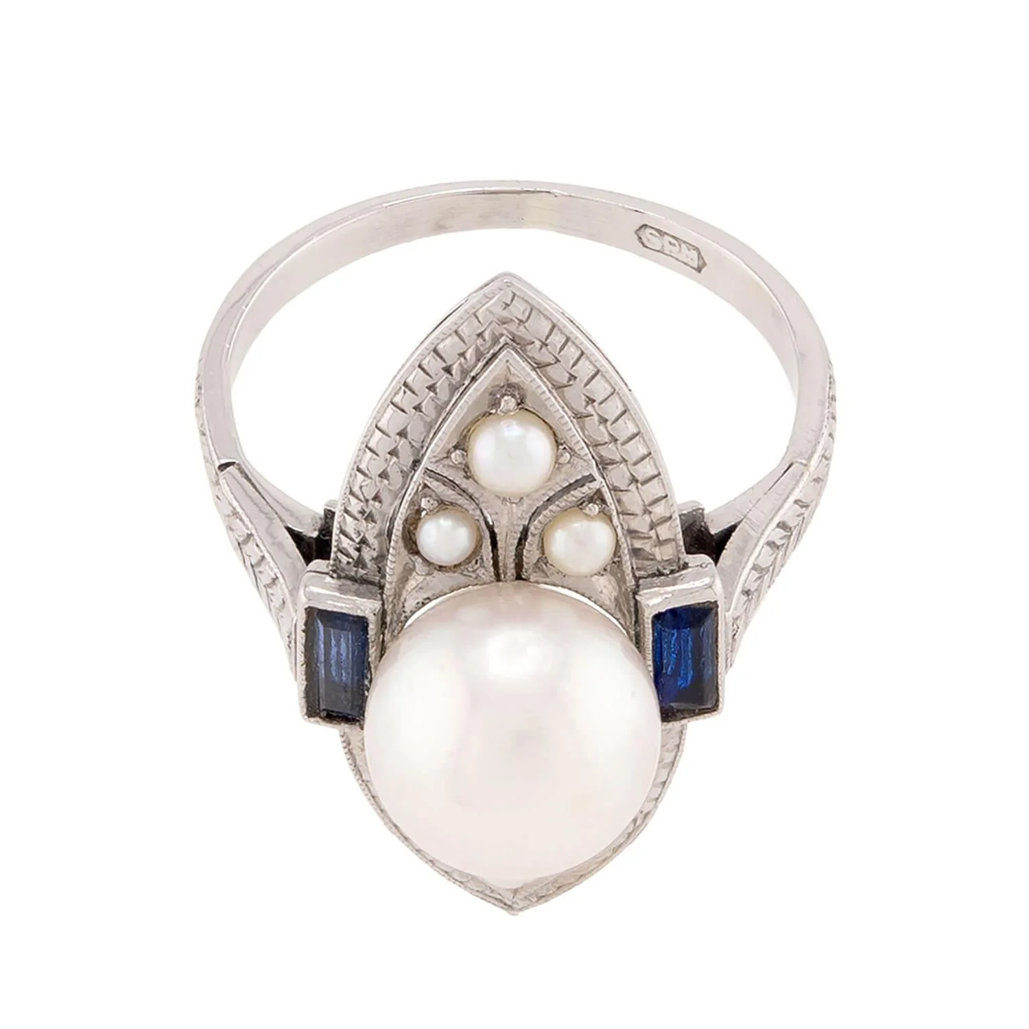 SCHNELWAR & SONS, J Art Deco 18k Pearl and Sapphire Navette Ring - Image 6