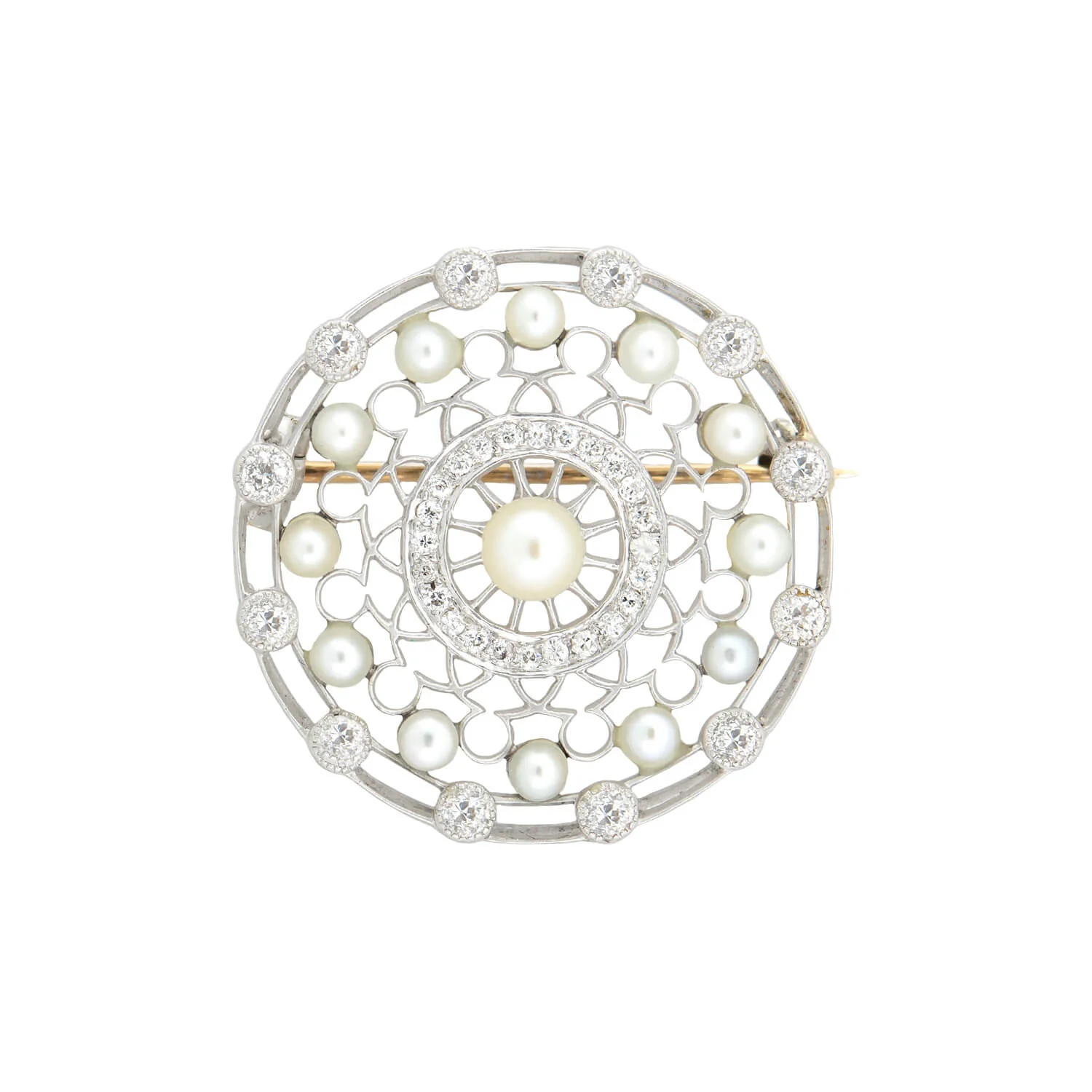 TIFFANY & CO. Edwardian Platinum, Diamond + Pearl Filigree Circle Pin