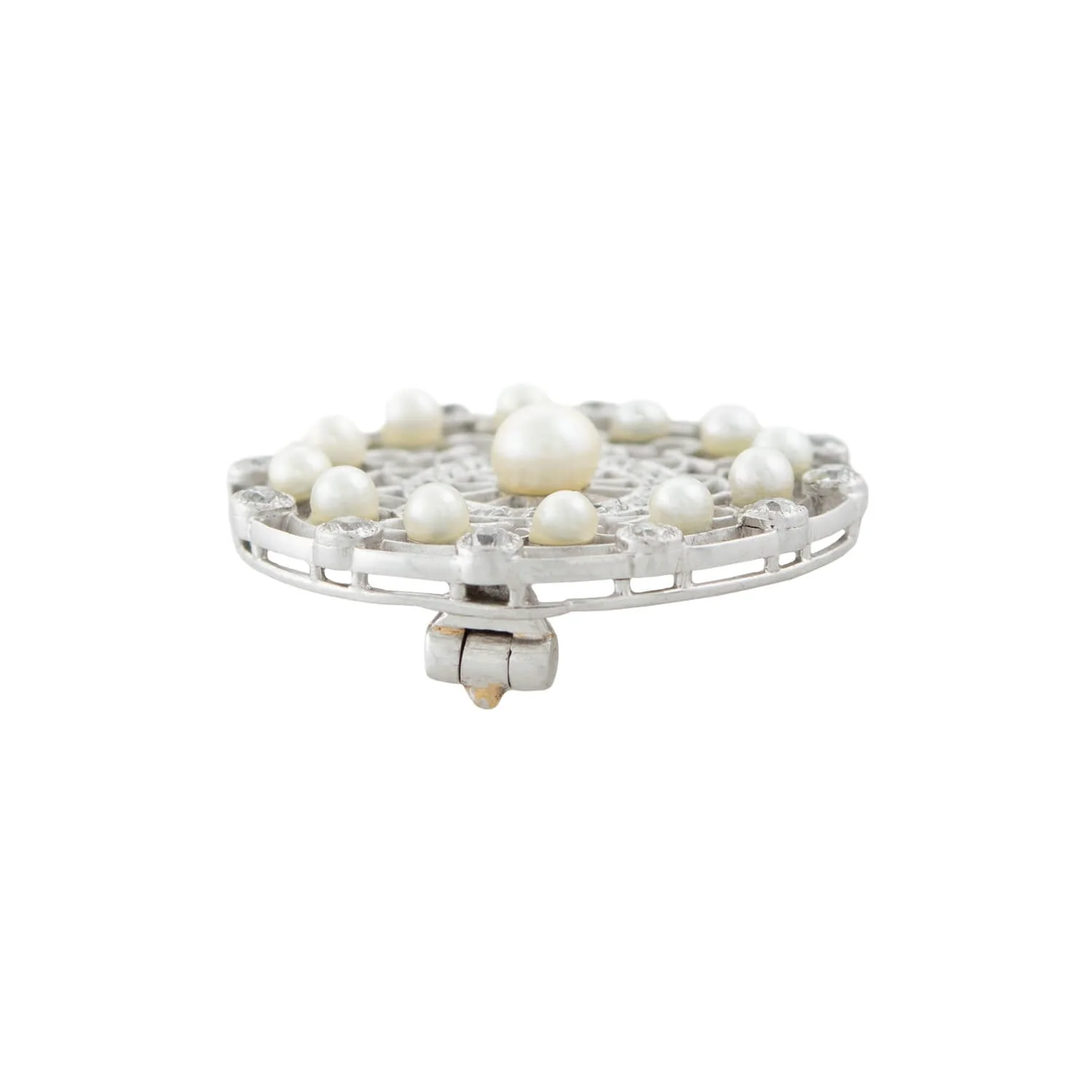 TIFFANY & CO. Edwardian Platinum, Diamond + Pearl Filigree Circle Pin - Image 2