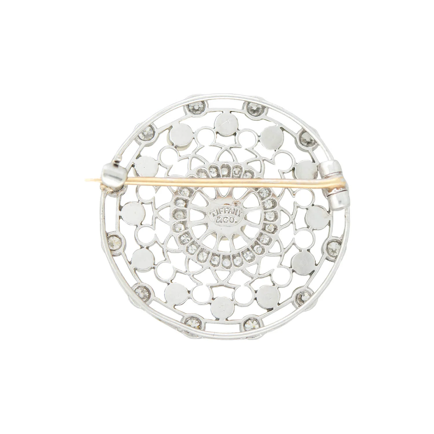 TIFFANY & CO. Edwardian Platinum, Diamond + Pearl Filigree Circle Pin - Image 3
