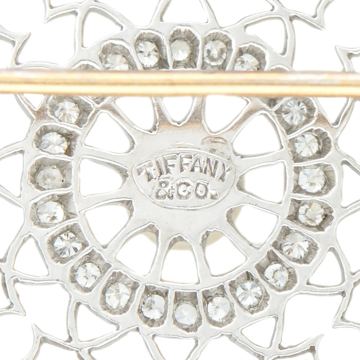 TIFFANY & CO. Edwardian Platinum, Diamond + Pearl Filigree Circle Pin - Image 4