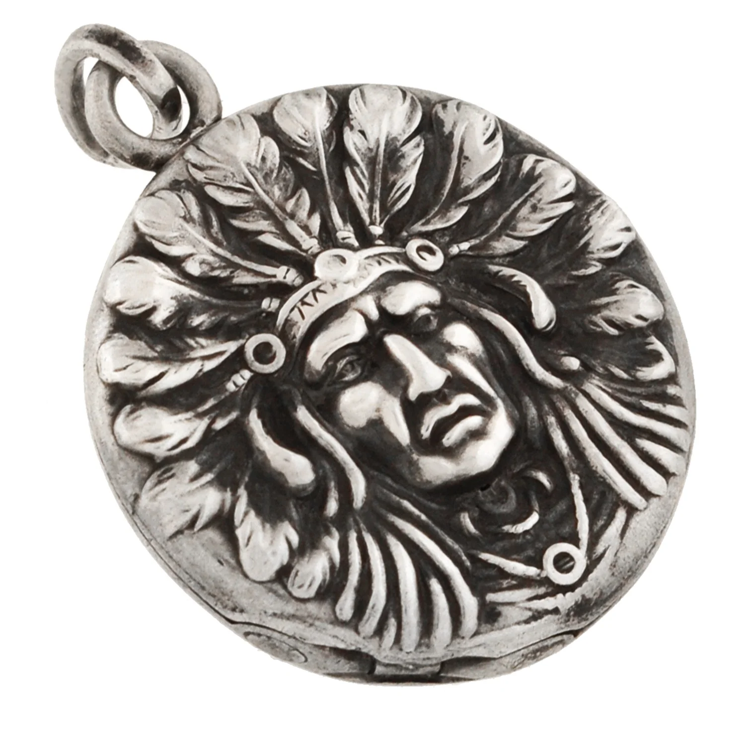 UNGER BROS. Late Victorian Sterling Native American Chief Repousse Locket - Image 2