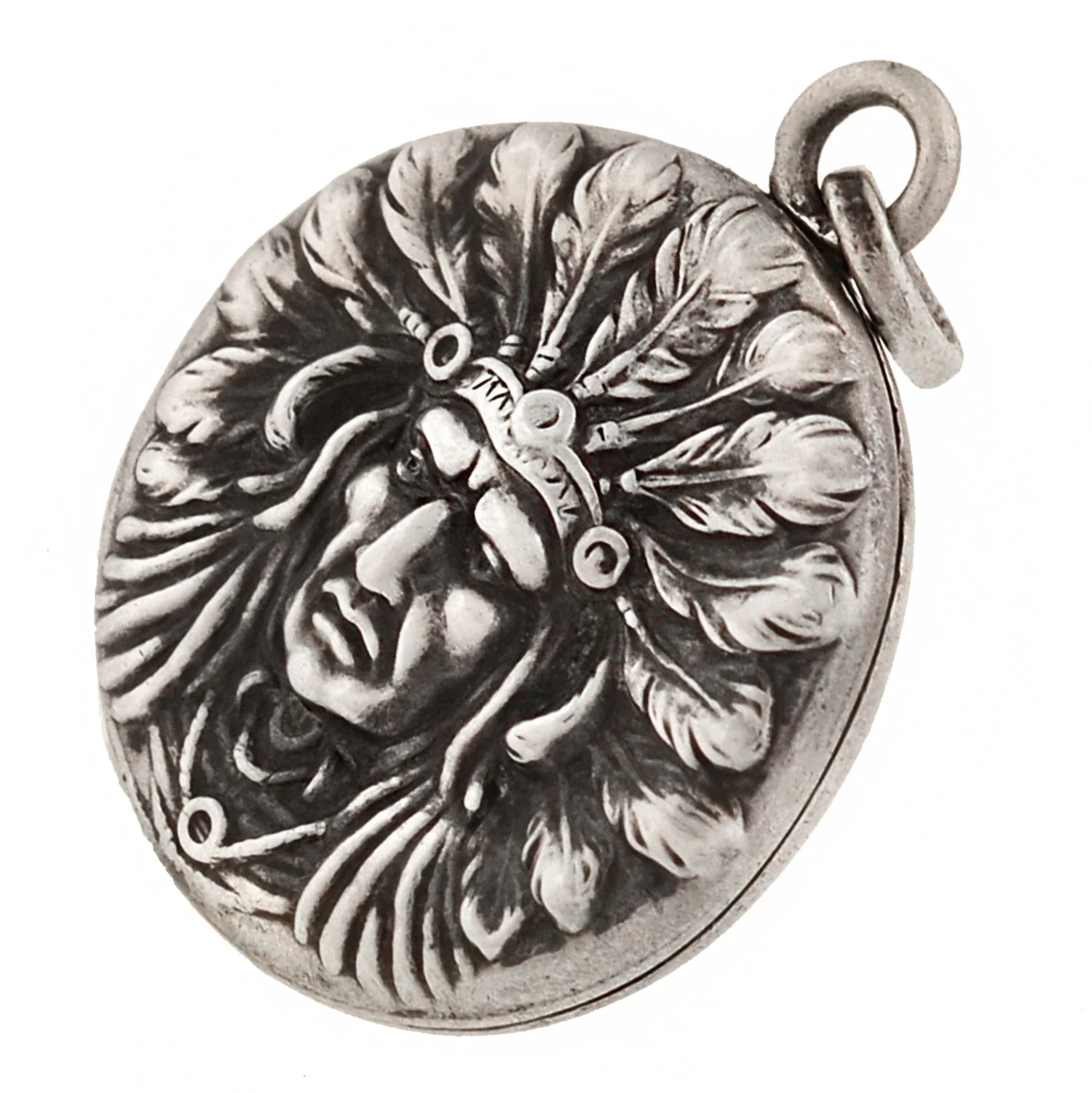 UNGER BROS. Late Victorian Sterling Native American Chief Repousse Locket - Image 4
