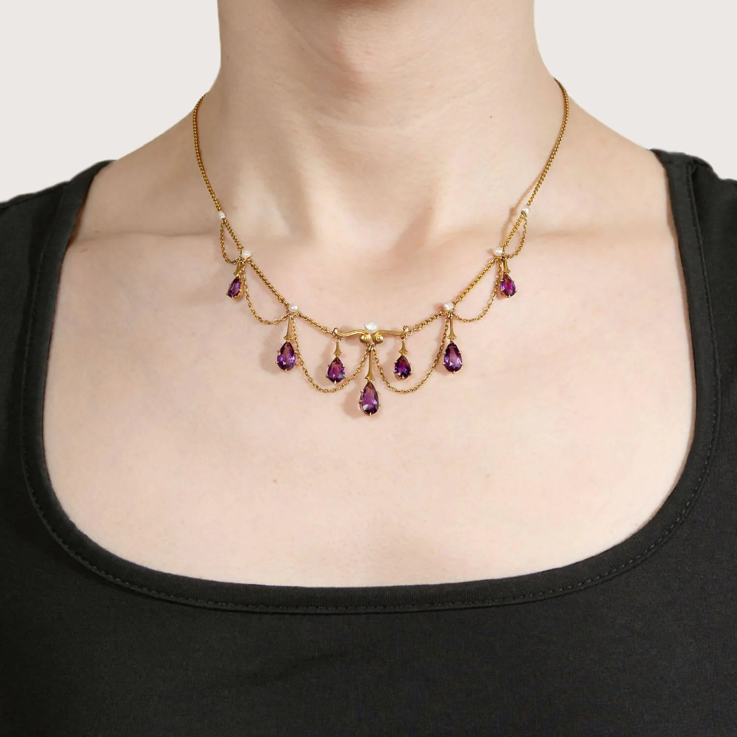 Victorian 14k Amethyst & Pearl Festoon Necklace - Image 7