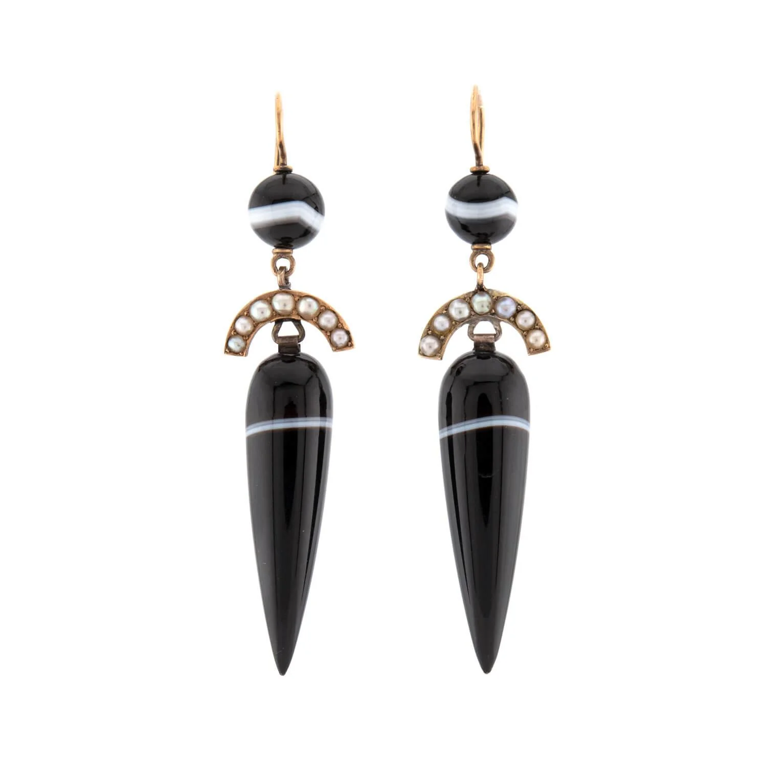 Victorian 14k Banded Agate & Pearl Drop Earrings