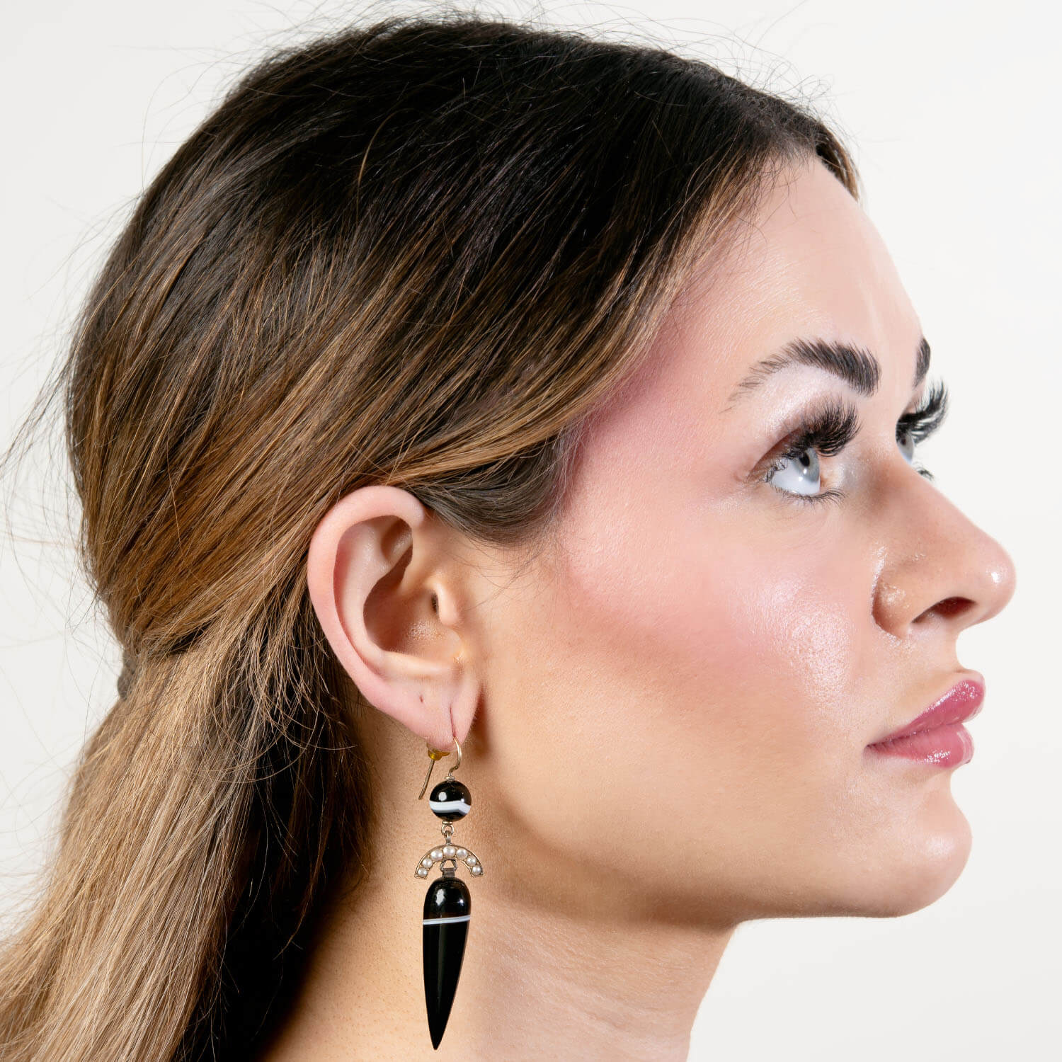 Victorian 14k Banded Agate & Pearl Drop Earrings - Image 4