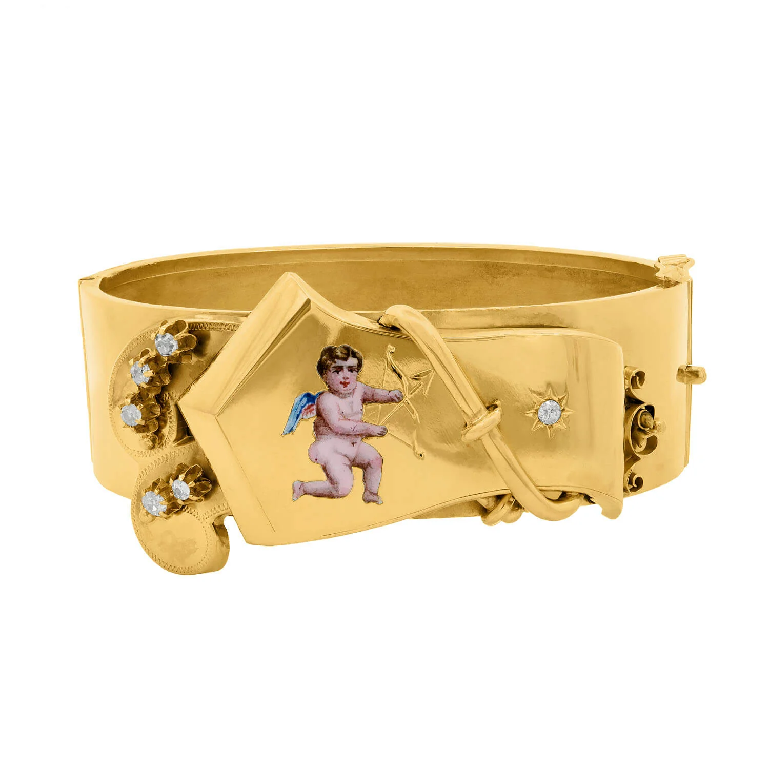 Victorian 14k Cherub Enamel and Diamond Buckle Bracelet + Earring + Brooch Set - Image 8