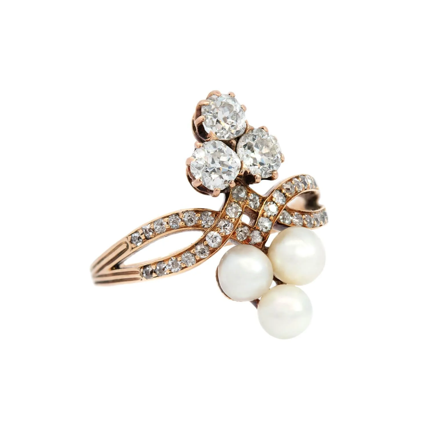 Victorian 14k Diamond and Pearl Double Trefoil Ring - Image 2
