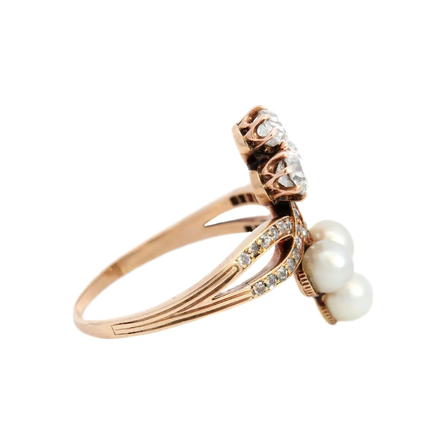 Victorian 14k Diamond and Pearl Double Trefoil Ring - Image 3
