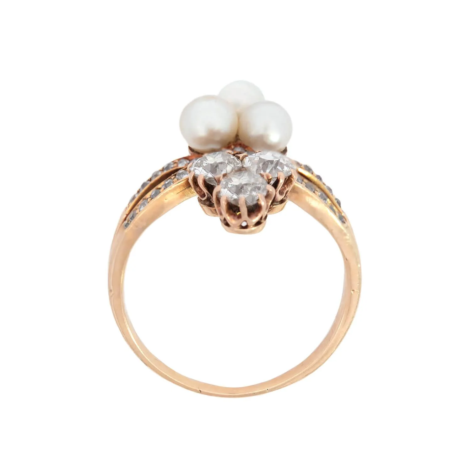 Victorian 14k Diamond and Pearl Double Trefoil Ring - Image 4