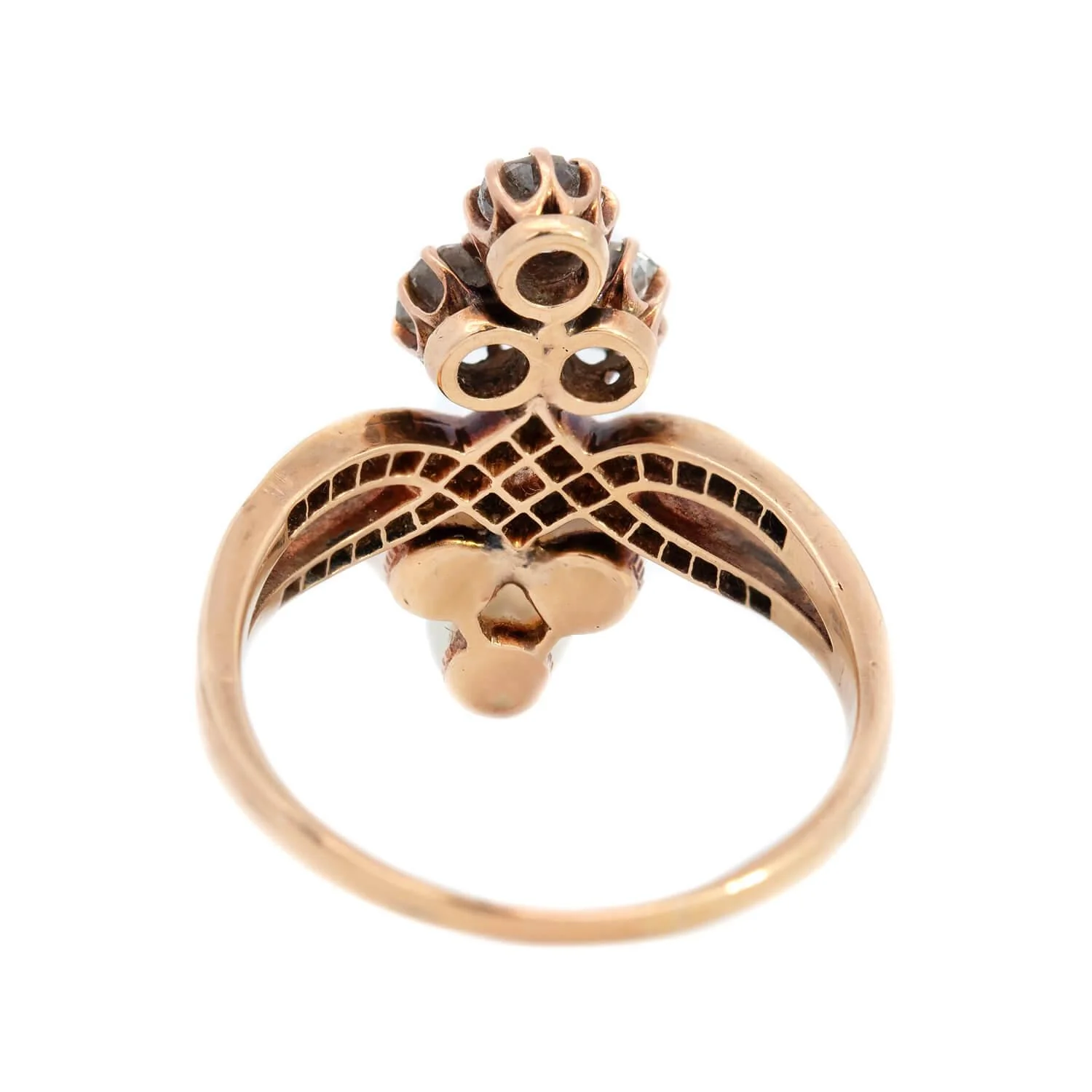 Victorian 14k Diamond and Pearl Double Trefoil Ring - Image 5
