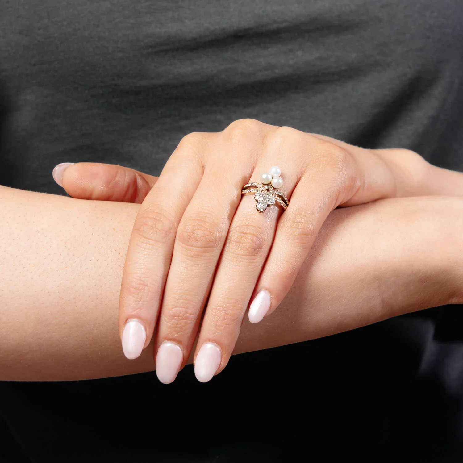 Victorian 14k Diamond and Pearl Double Trefoil Ring - Image 6
