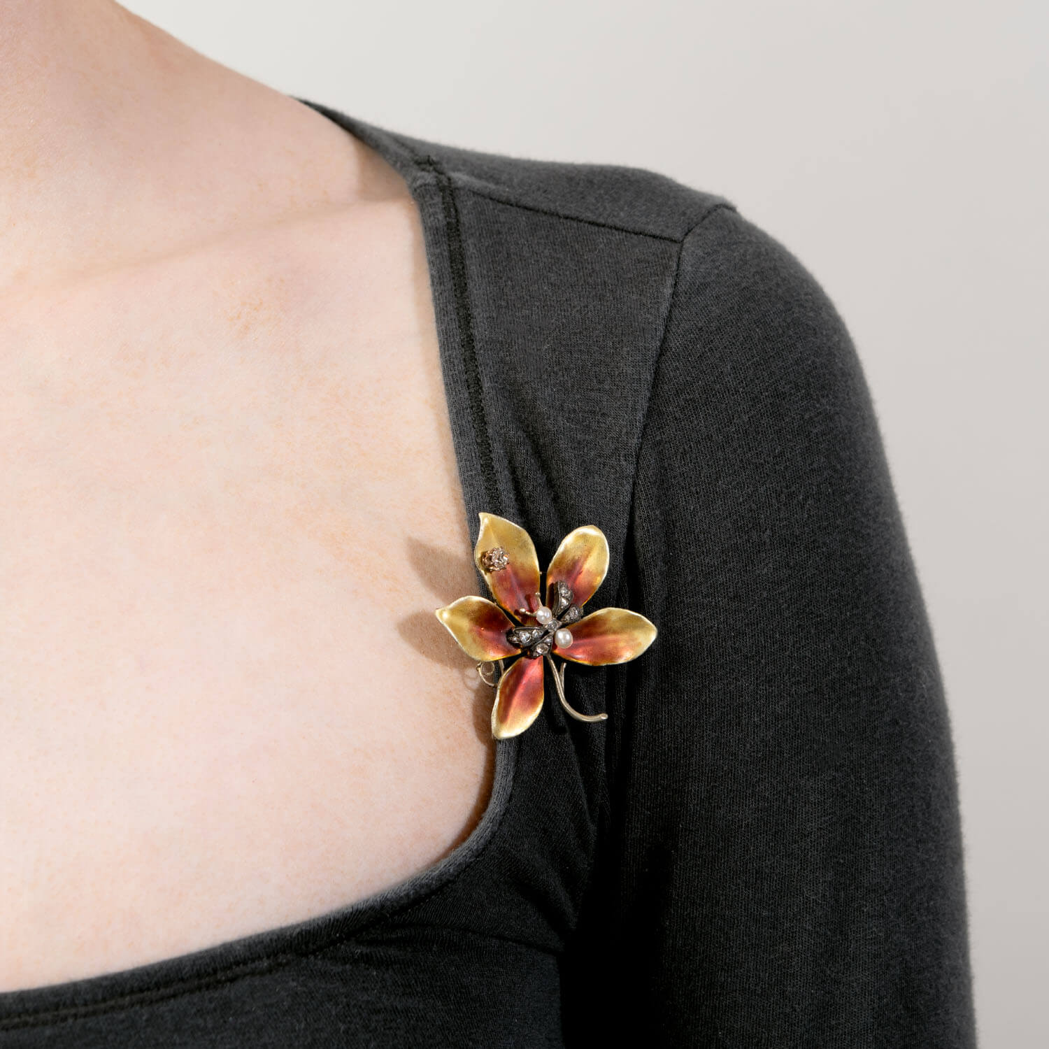 Victorian 14k Diamond, Pearl, and Enamel Flower Pin - Image 4