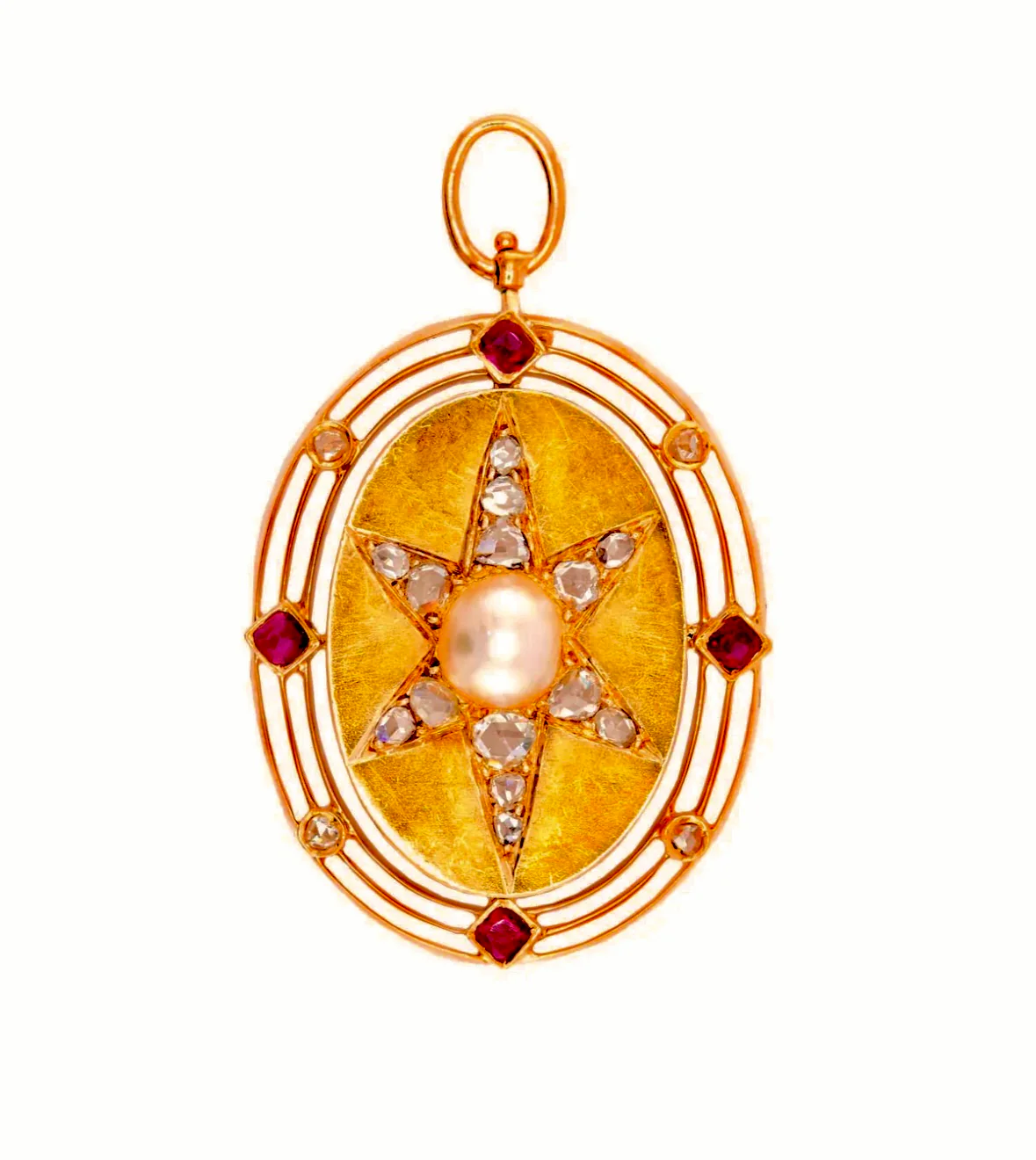 Victorian 14k Diamond, Ruby & Pearl Starburst Pendant - Image 4