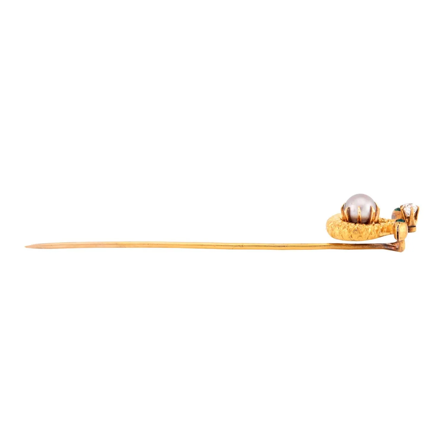 Victorian 14k Snakehead’s Emerald, Diamond, & Pearl Stick Pin - Image 3
