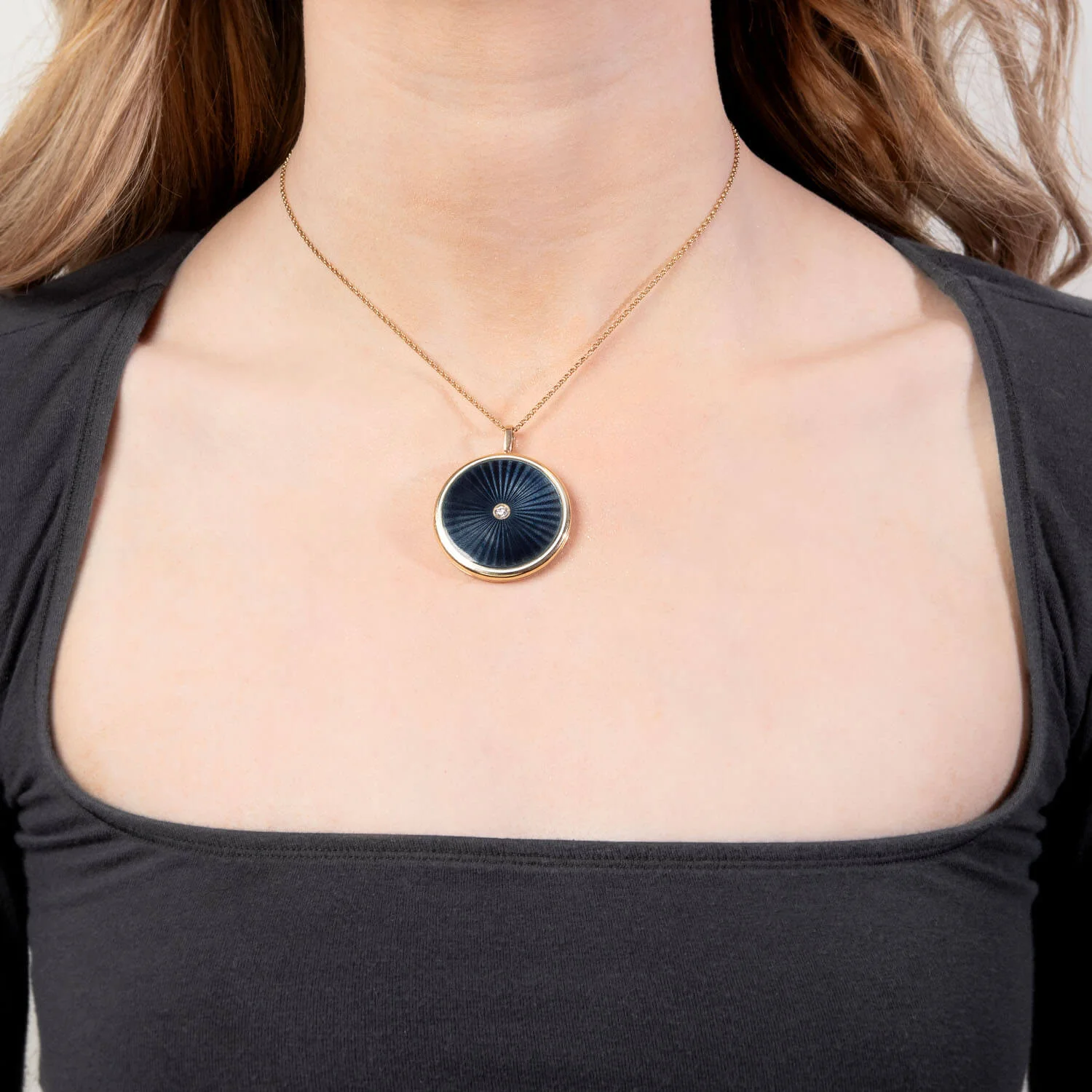 Victorian 14k Guilloche Enamel & Diamond Locket Pendant Necklace - Image 7