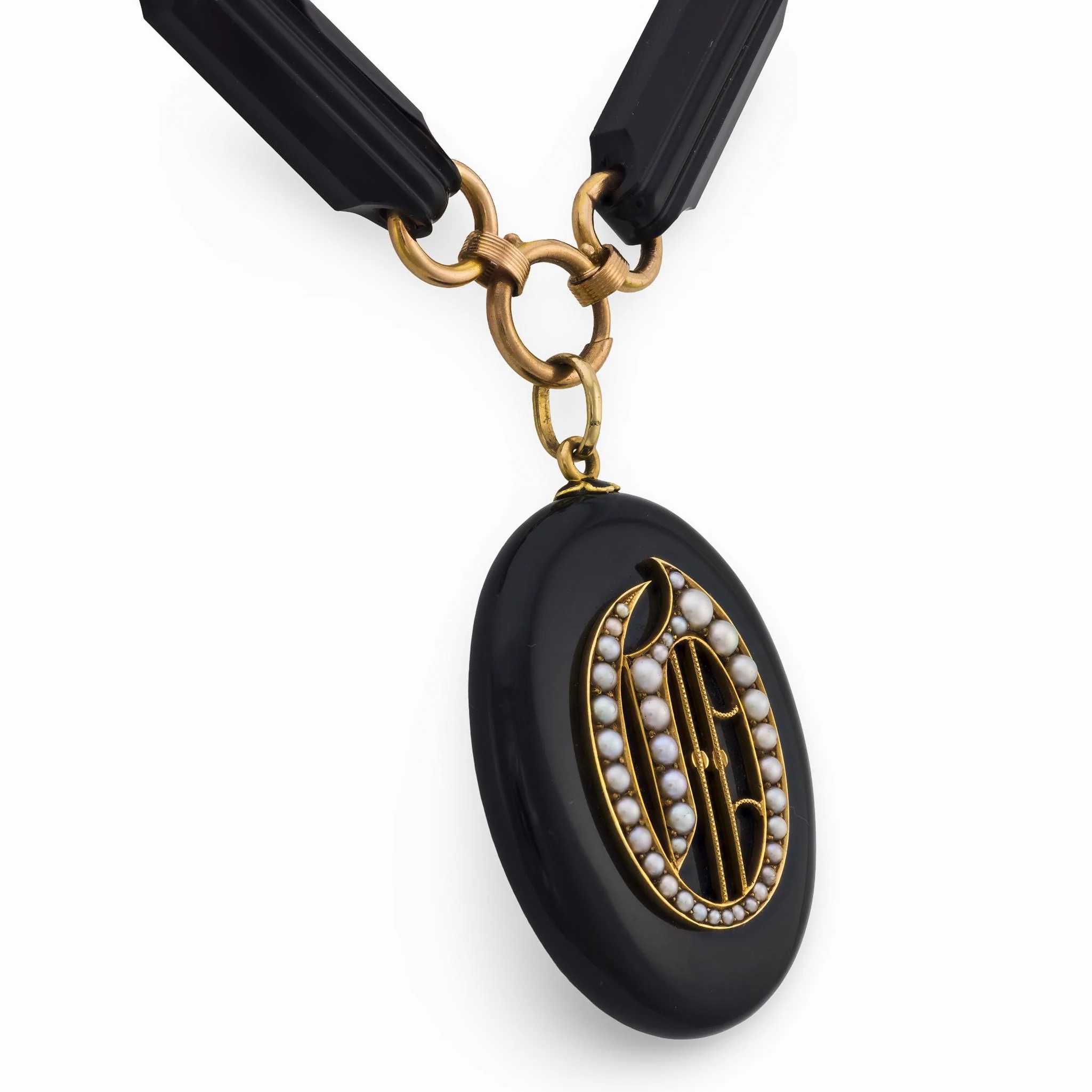 Victorian 14k Jet & Pearl Locket Pendant Necklace - Image 3