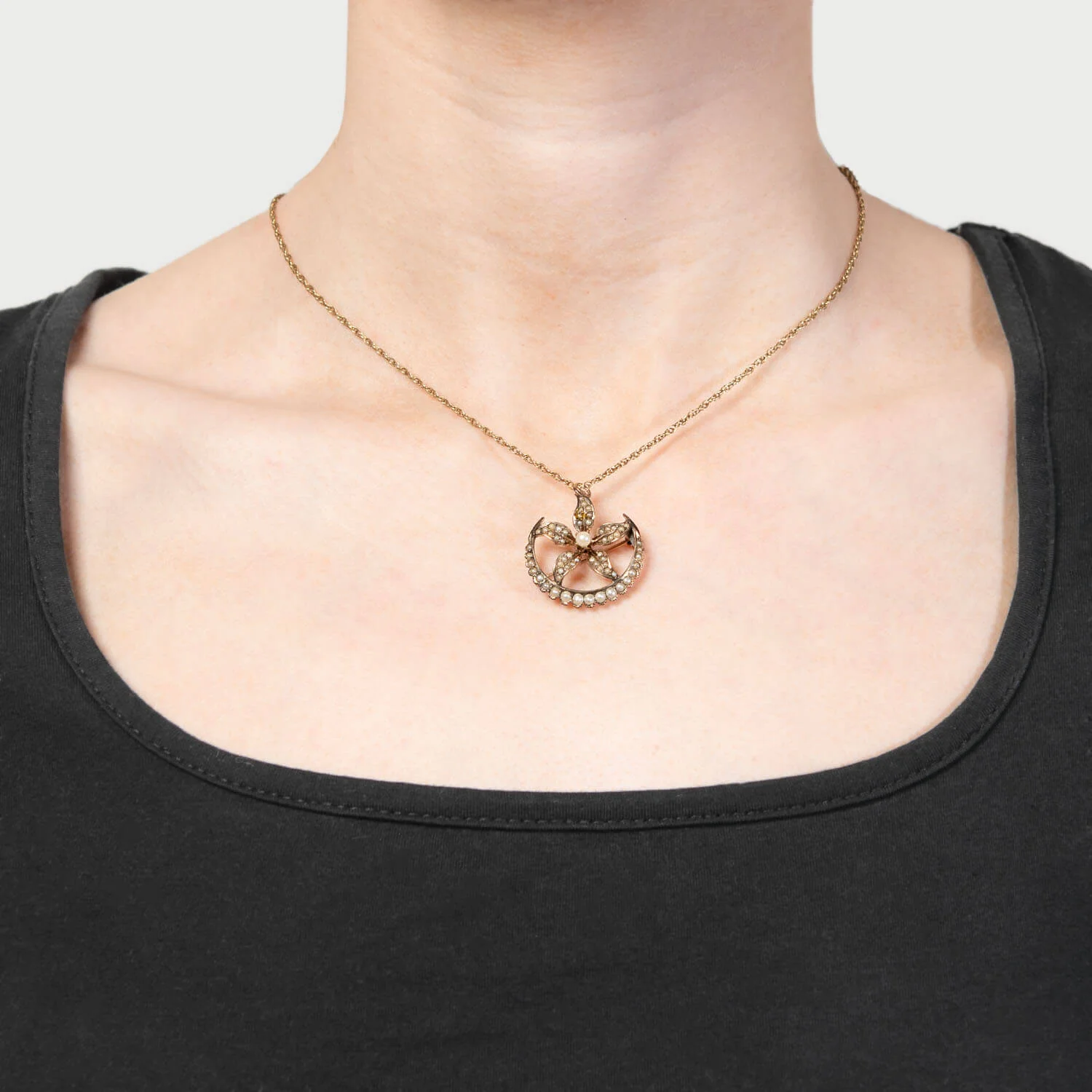 Victorian 14k Pearl Flower and Crescent Moon Pin/Pendant - Image 4