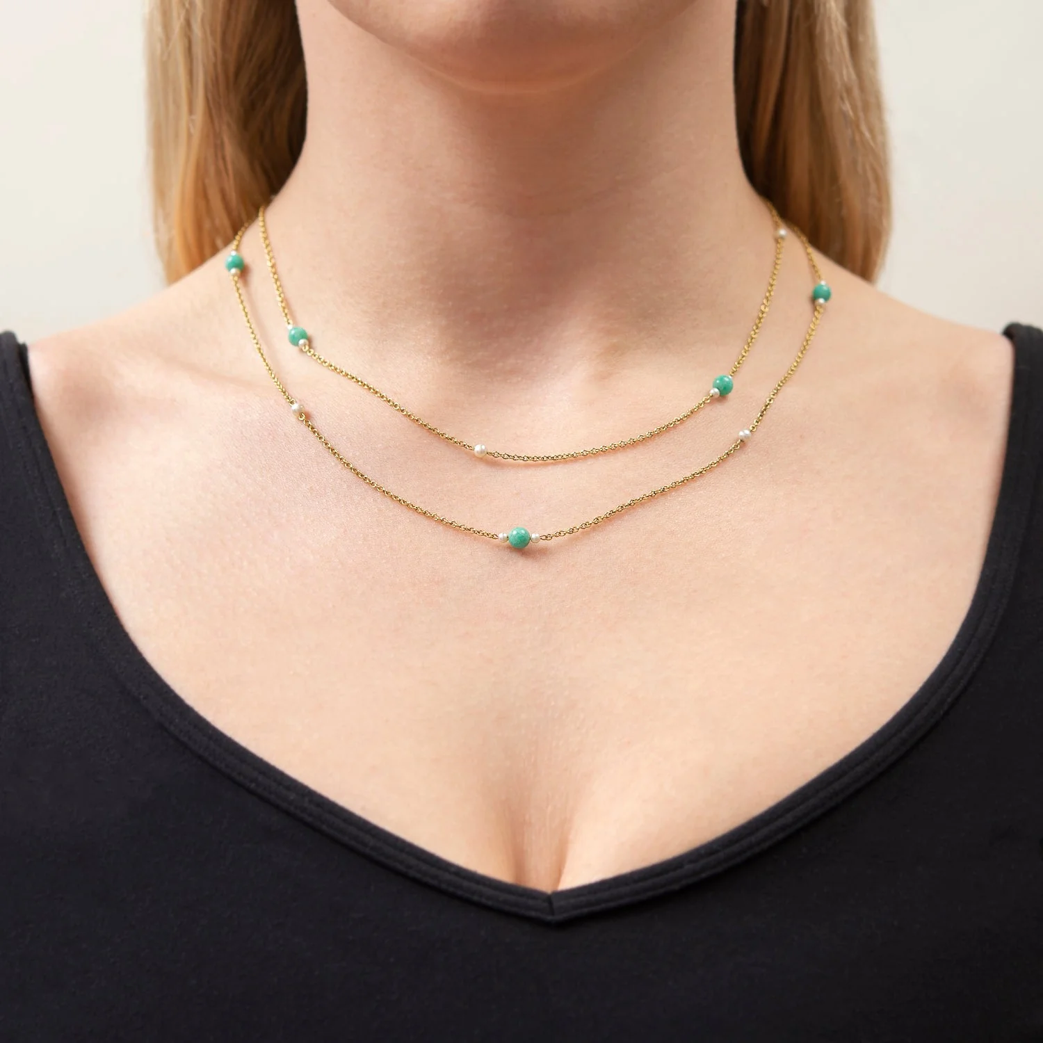 Victorian 14k Pearl + Jade Bead Chain Necklace 34" - Image 6