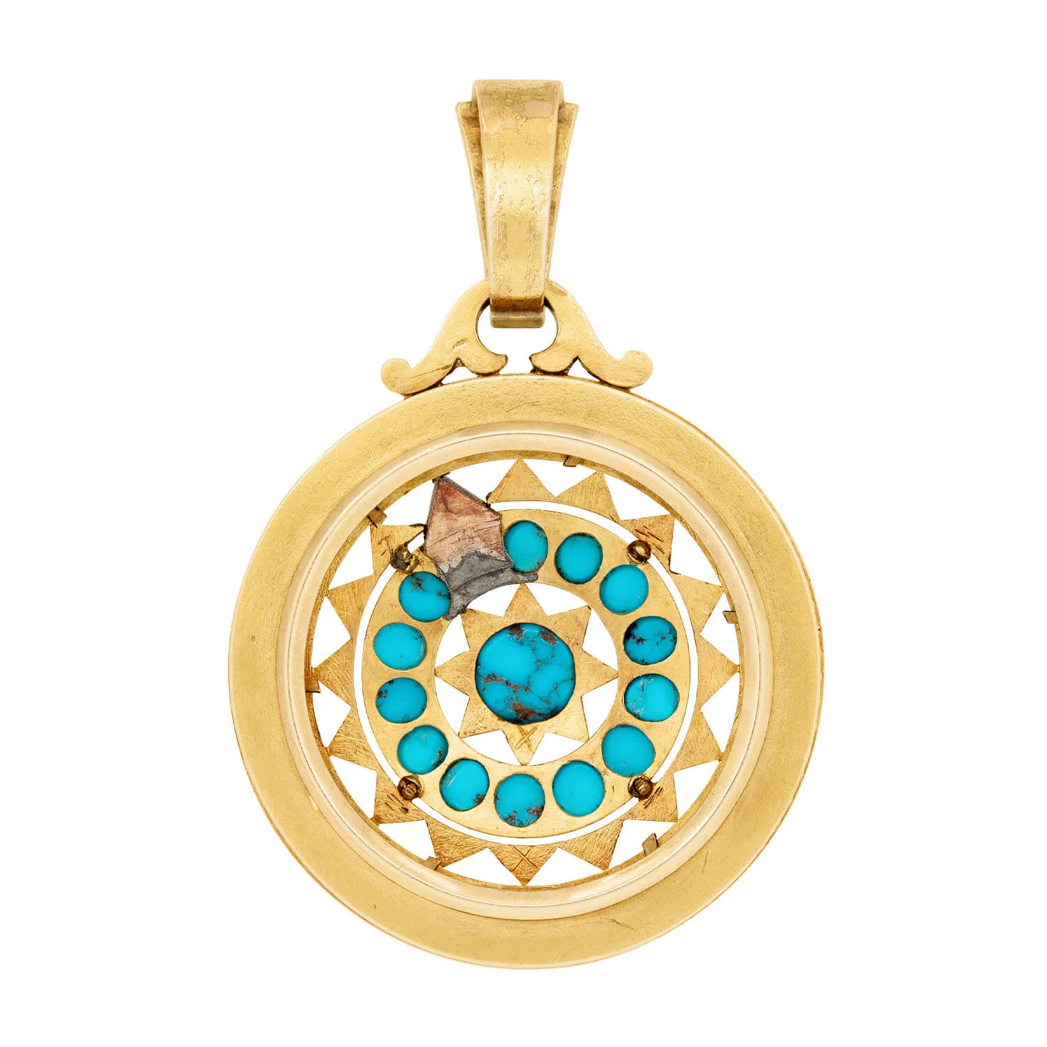 Victorian 14k Persian Turquoise and Diamond Starburst Pendant - Image 3