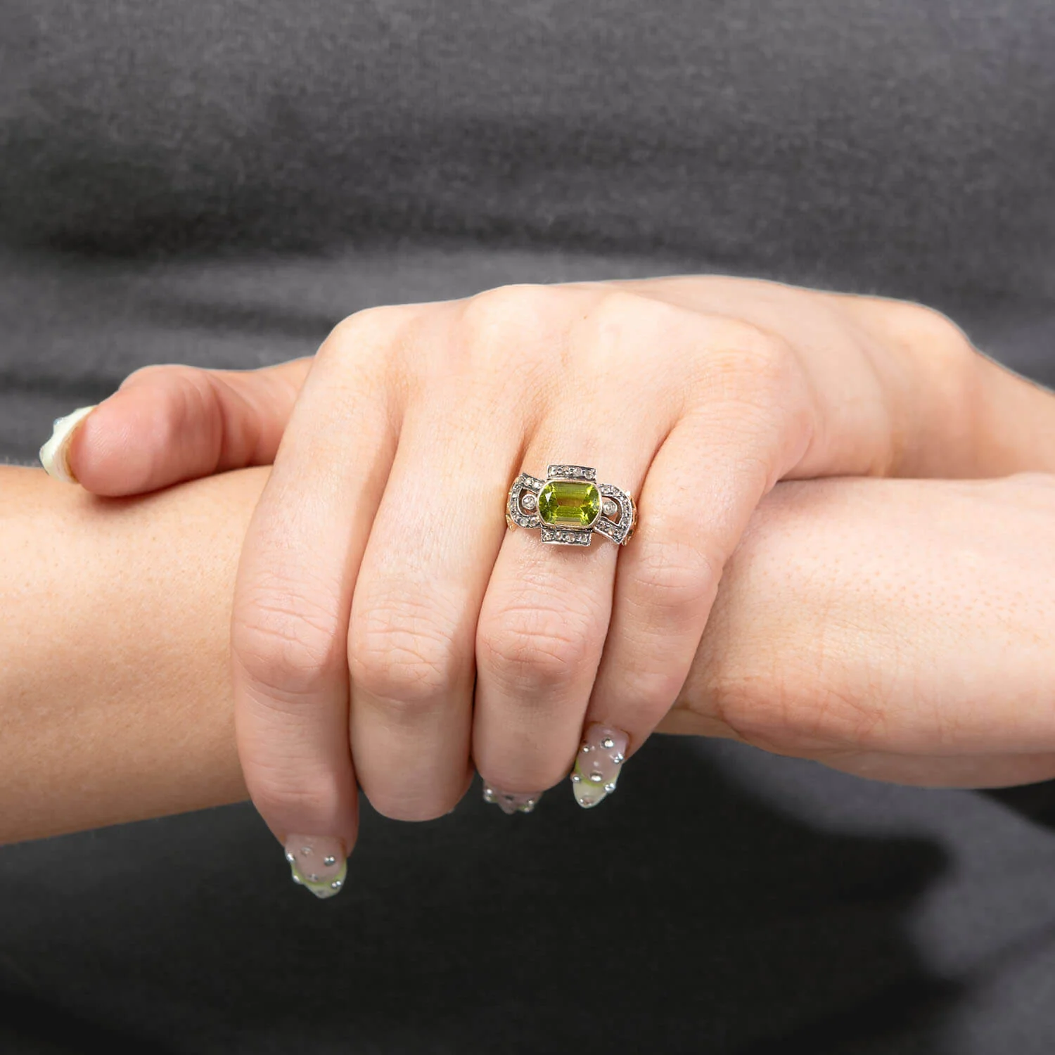 Victorian 14k/Platinum Peridot and Diamond Ring - Image 5