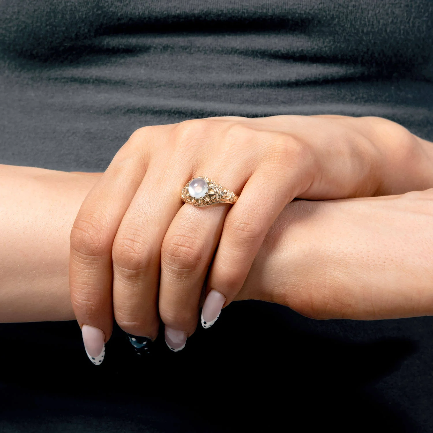 Victorian 14k Repousse Moonstone & Diamond Ring - Image 6