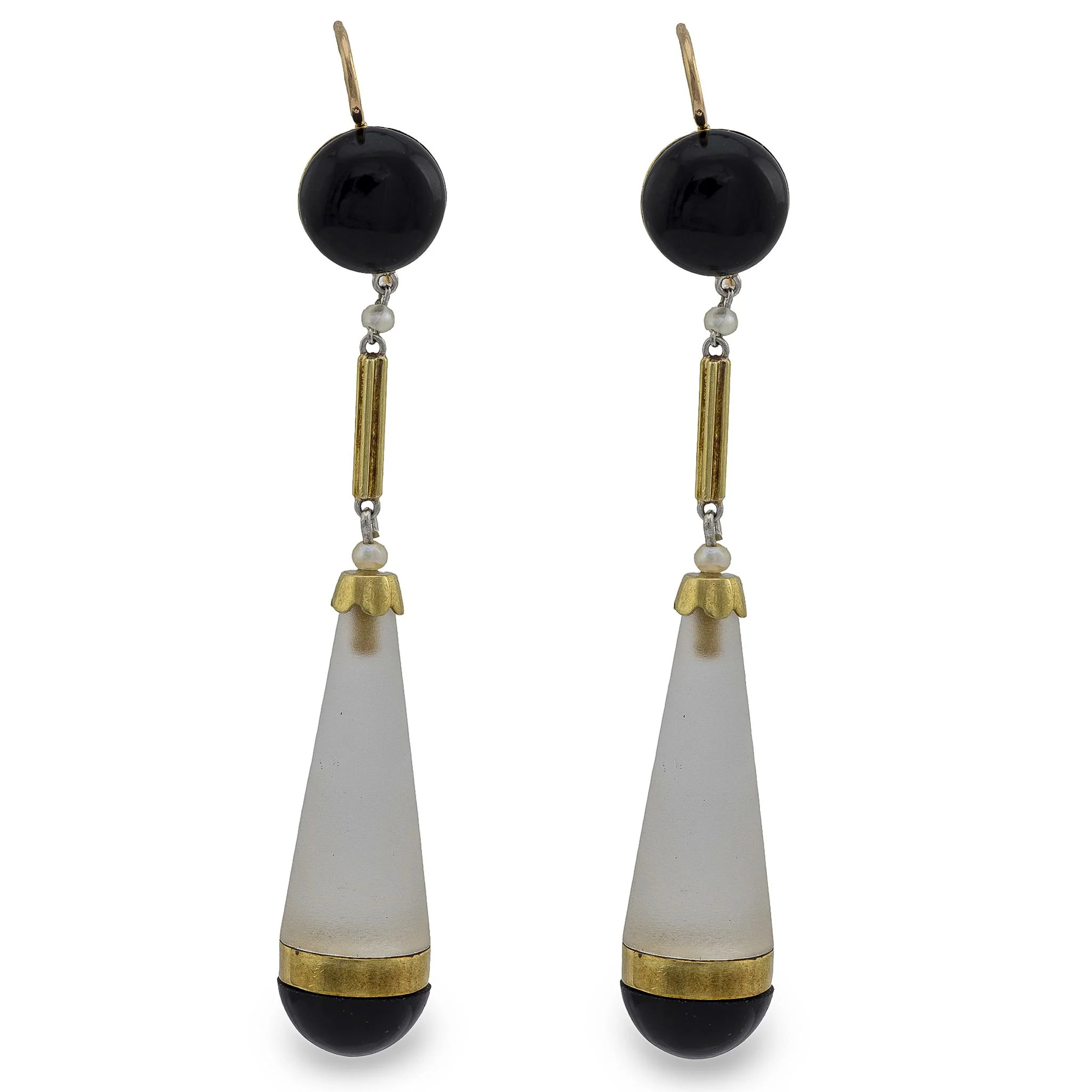 Victorian 14k Rock Quartz Crystal Onyx and Seed Pearl Drop Earrings
