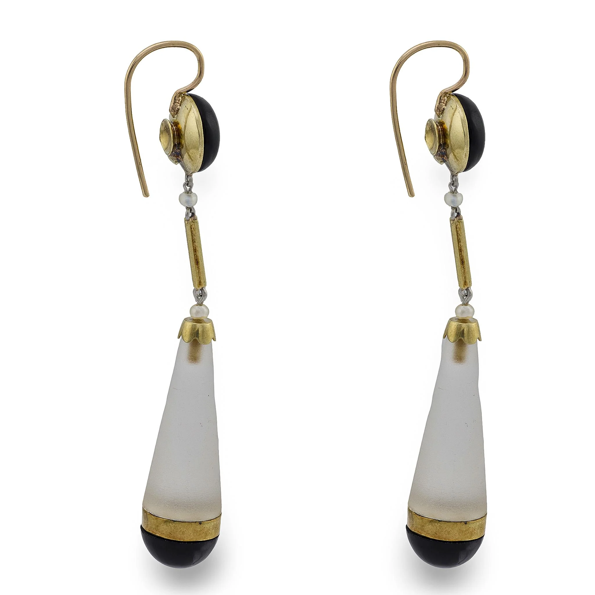 Victorian 14k Rock Quartz Crystal Onyx and Seed Pearl Drop Earrings - Image 4