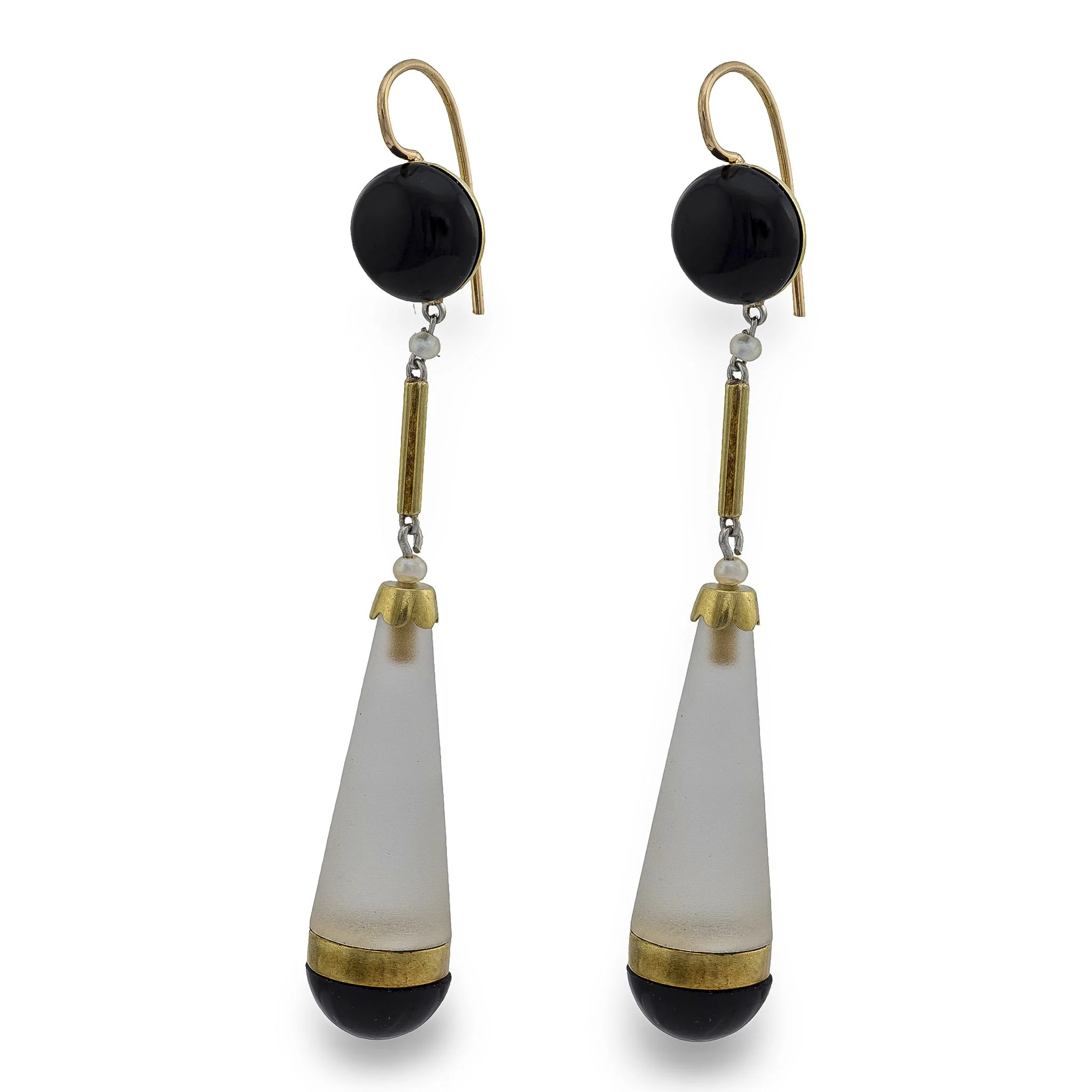 Victorian 14k Rock Quartz Crystal Onyx and Seed Pearl Drop Earrings - Image 5