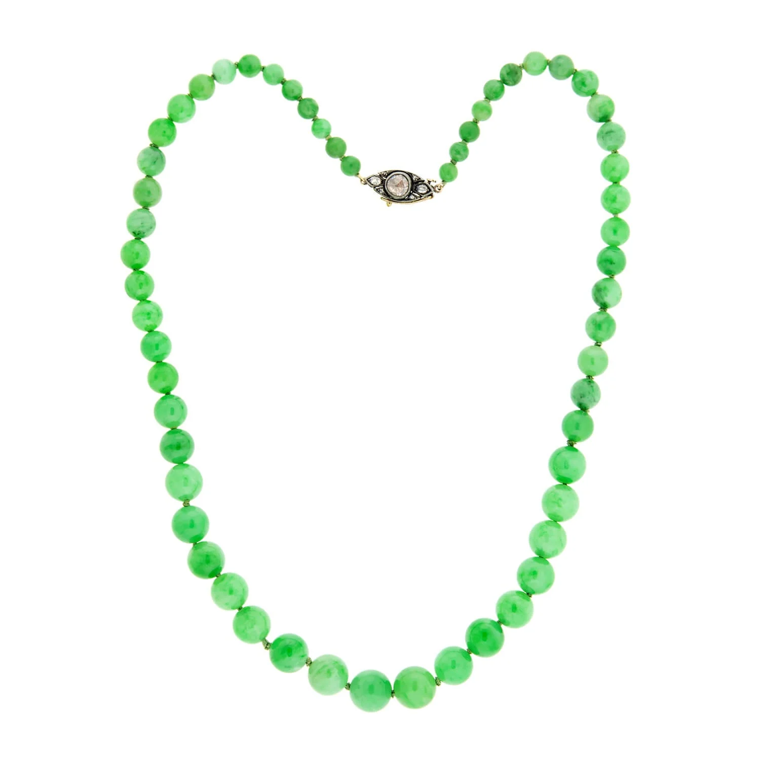 Victorian 14k/SS Jadeite Bead Necklace + Diamond Eye Clasp - Image 3