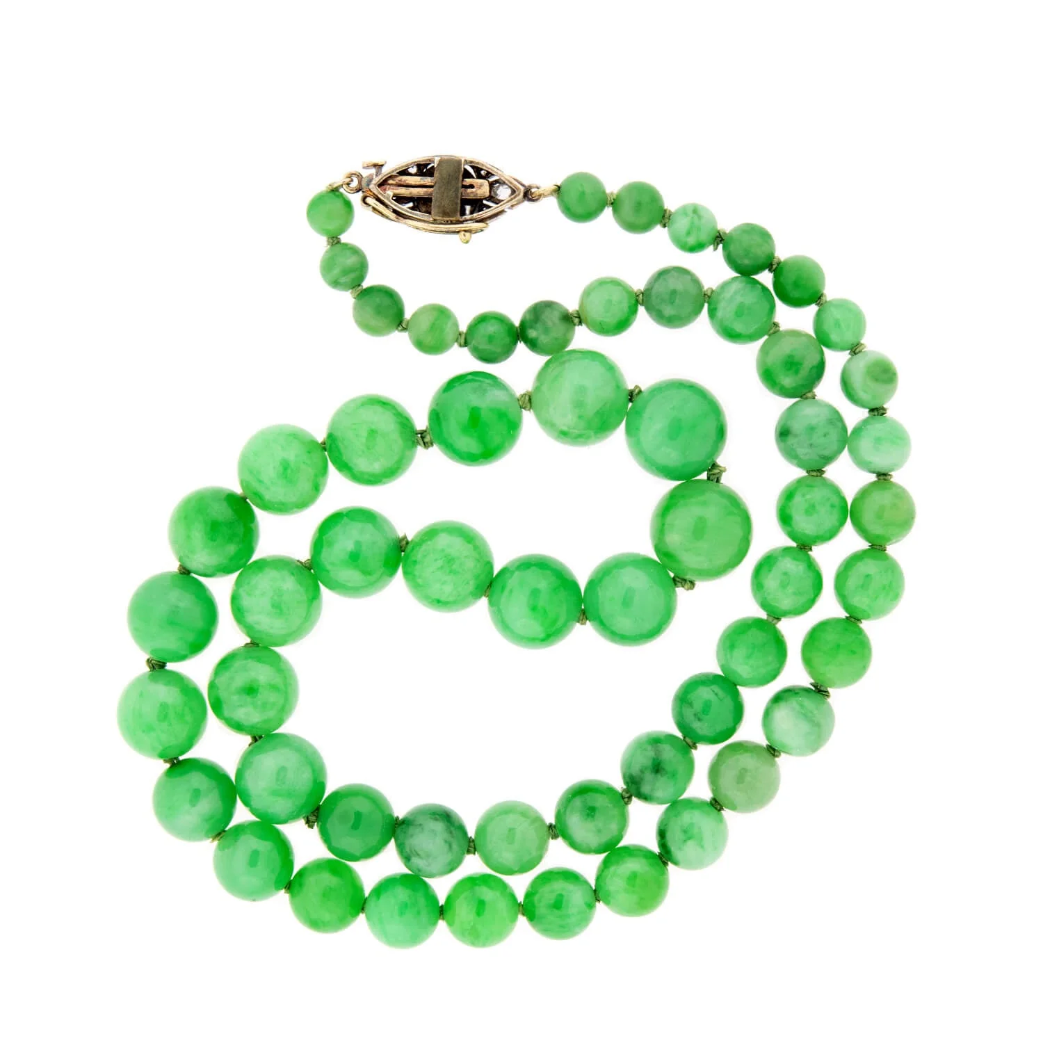 Victorian 14k/SS Jadeite Bead Necklace + Diamond Eye Clasp - Image 4