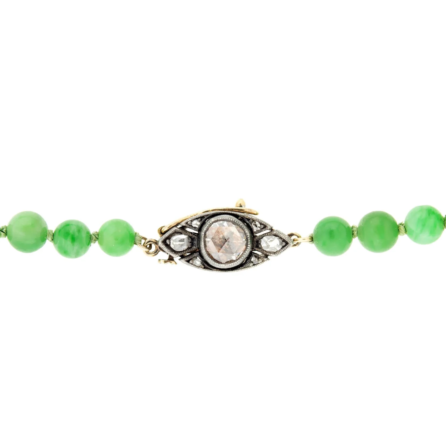 Victorian 14k/SS Jadeite Bead Necklace + Diamond Eye Clasp - Image 5