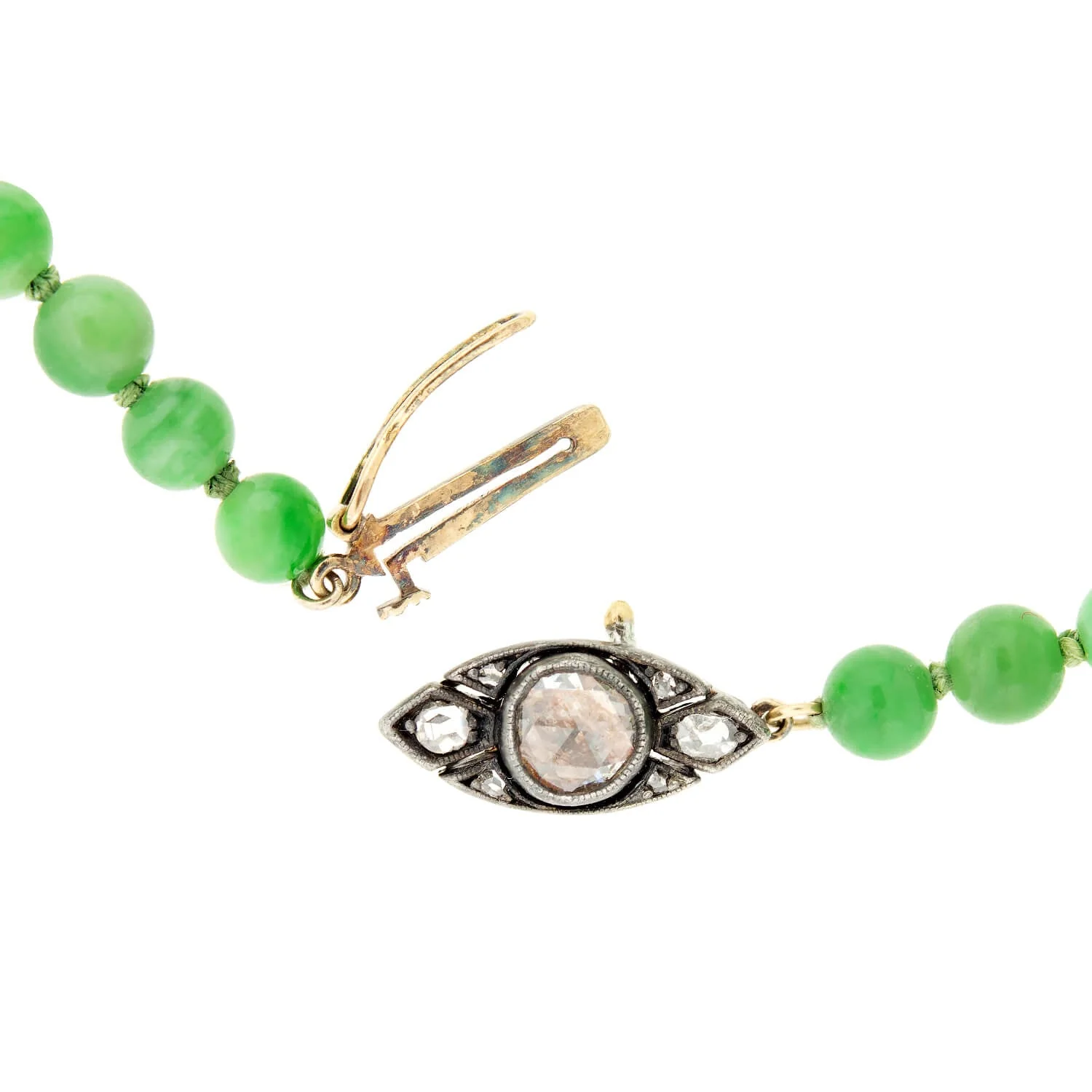 Victorian 14k/SS Jadeite Bead Necklace + Diamond Eye Clasp - Image 6