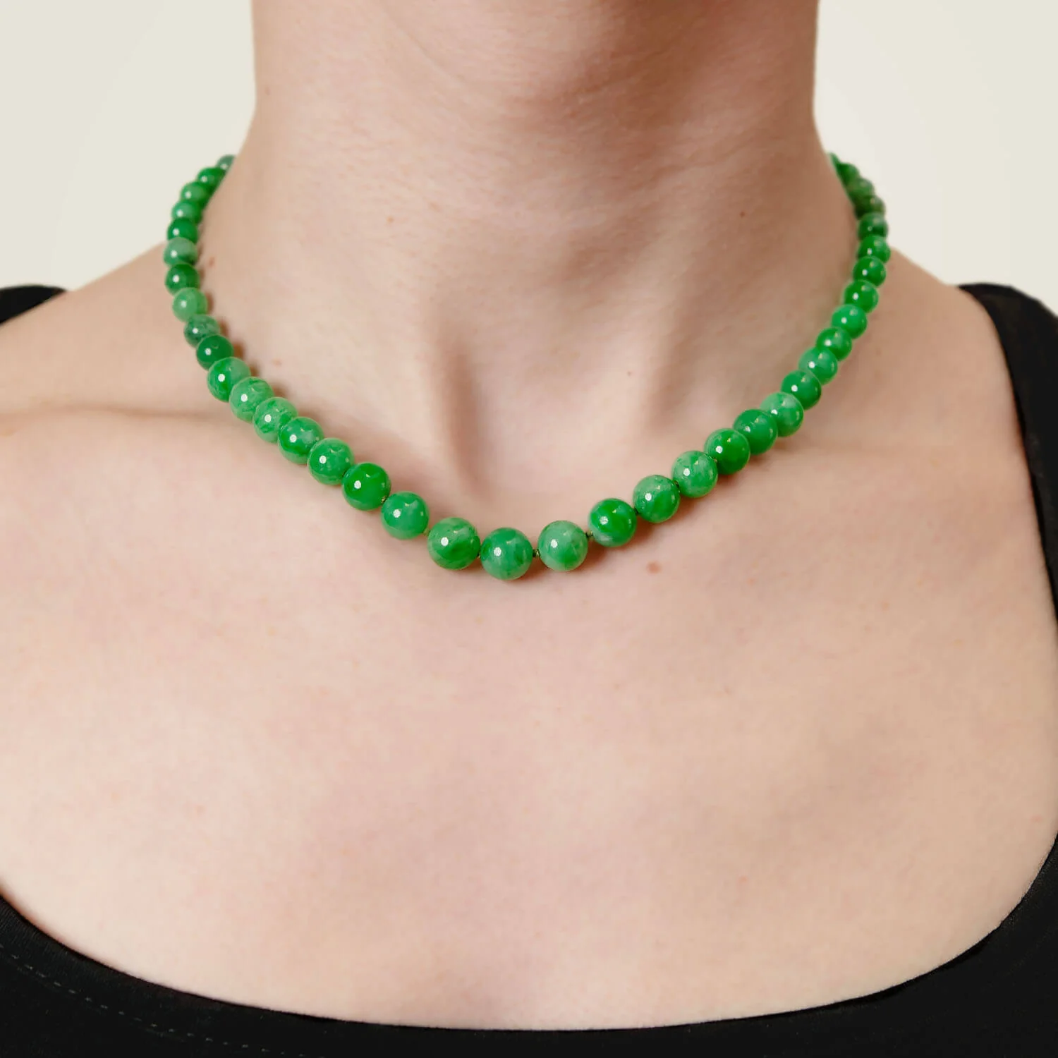 Victorian 14k/SS Jadeite Bead Necklace + Diamond Eye Clasp - Image 7