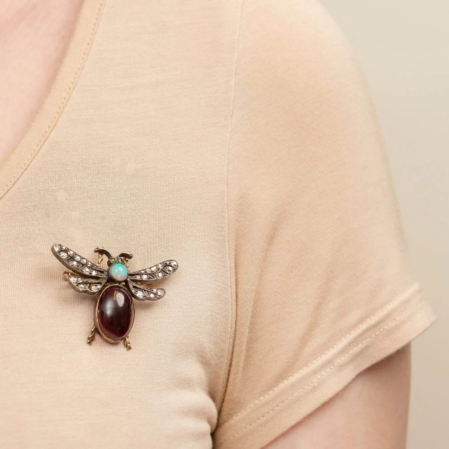 Victorian 14k + Sterling Diamond, Opal, & Garnet Bug Pin - Image 4